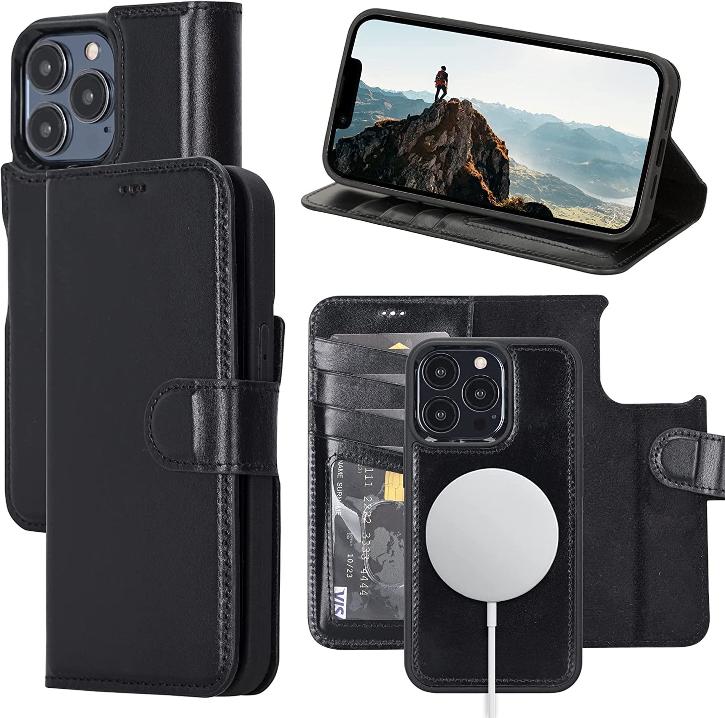 OXA Leather 2-In-1 Wallet Case Compatible with Iphone 14 Pro Max | Magnetic Detachable | Shockproof | RFID Blocking | Flip Case with Kickstand | Compatible with Magsafe | - Purple  OXA Black iPhone 14 Pro 