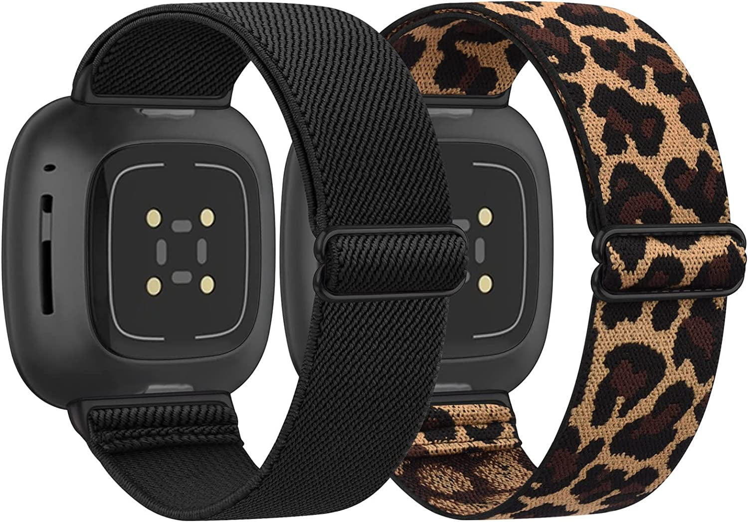 2 Pack Elastic Nylon Bands Compatible with Fitbit Versa 3/Fitbit Sense Women, Adjustable Stretchy Breathable Sport Wristband  YILED Black+Leopard  