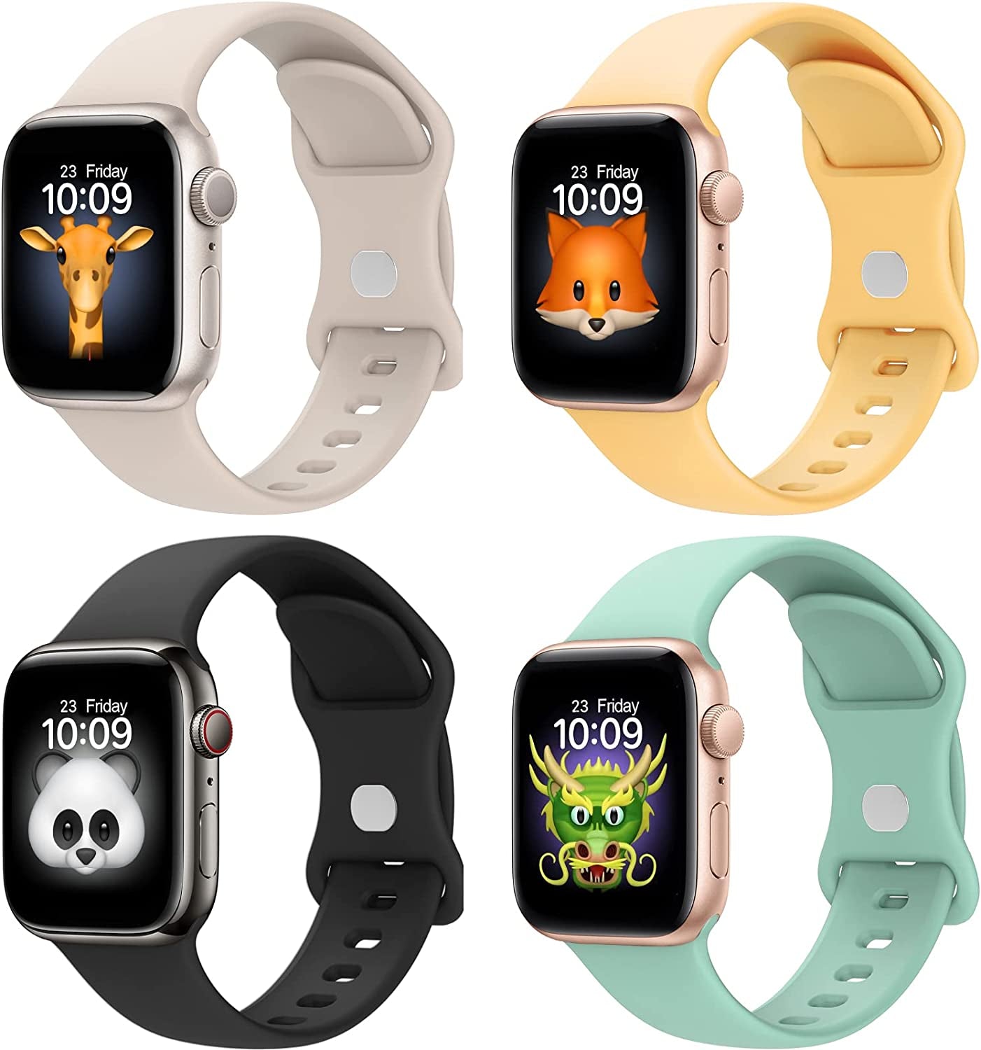 BRG 4 Pack Bands for Apple Watch Band Series Ultra SE 8 7 6 5 4 3 2 1 40Mm 38Mm 44Mm 42Mm 45Mm 41Mm 49Mm, Women and Men Sport Apple Watch Bands, Soft Silicone Strap Replacement for Iwatch Bands  BRG Black/Starlight/Sunglow/Succulent 45mm/44mm/42mm/49mm 