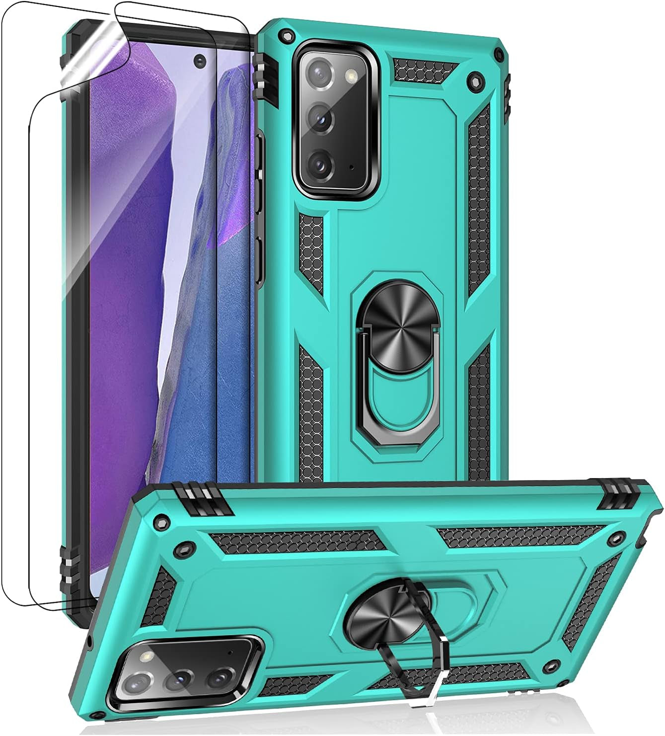Samsung Galaxy Note 20 Case, Note20 5G Case with HD Screen Protectors, Androgate Military-Grade Metal Ring Holder Kickstand 15Ft Drop Tested Shockproof Cover Case for Samsung Galaxy Note 20 Teal  E&M Tek   
