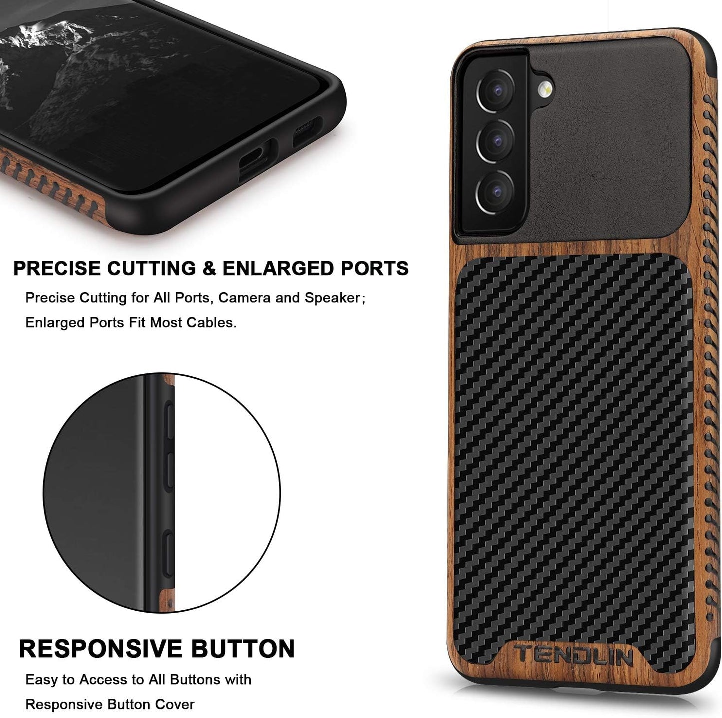 TENDLIN Compatible with Samsung Galaxy S21 Case Wood Grain with Carbon Fiber Texture Design Leather Hybrid Case Black  TENDLIN   