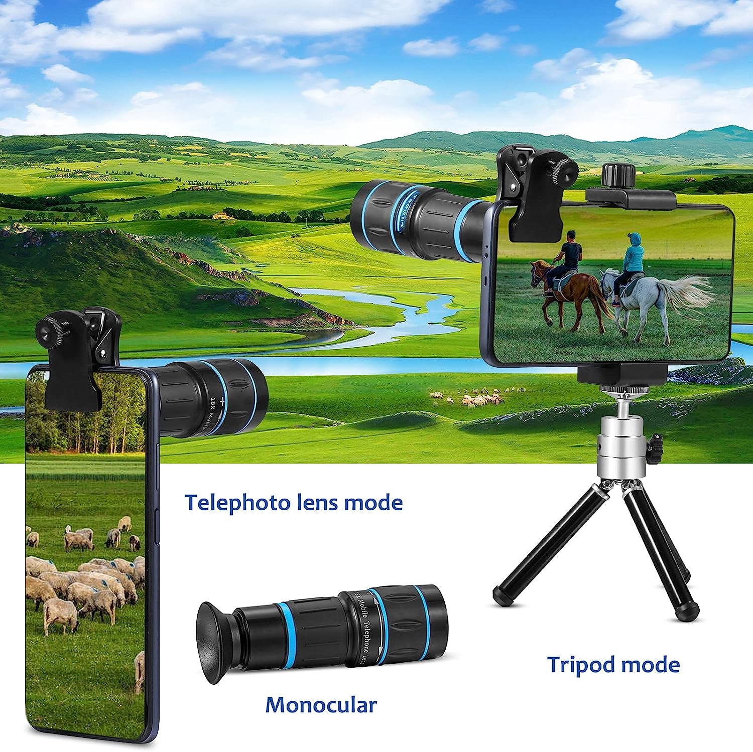 Cell Phone Lens 6 in 1 Phone Camera Lens Kits with 18X Zoom Telescope Lens, Fisheye, Macro, Wide Angle, Kaleidoscope, CPL Lens, Tripod Clip-On Lens for Iphone X XS Max 8 7 6 plus Samsung Google Pixel  Fgzefort   