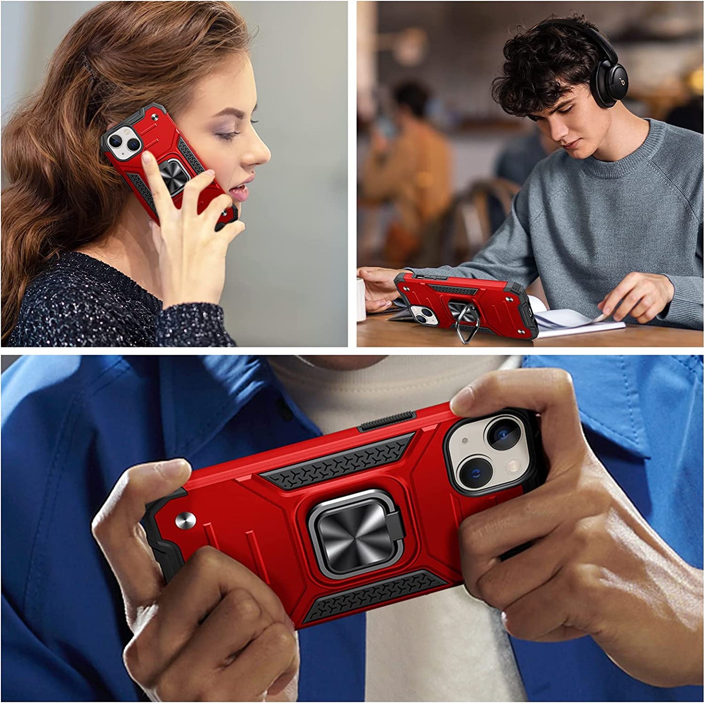 JAME for Iphone 14 Case with Screen Protector [2 PCS], Shockproof Bumper Case for Iphone 14 Case for Women & Men, Heavy-Duty Protection with Metal Ring Kickstand Case for Iphone 14, 6.1 Inch, Red  XJXIN   