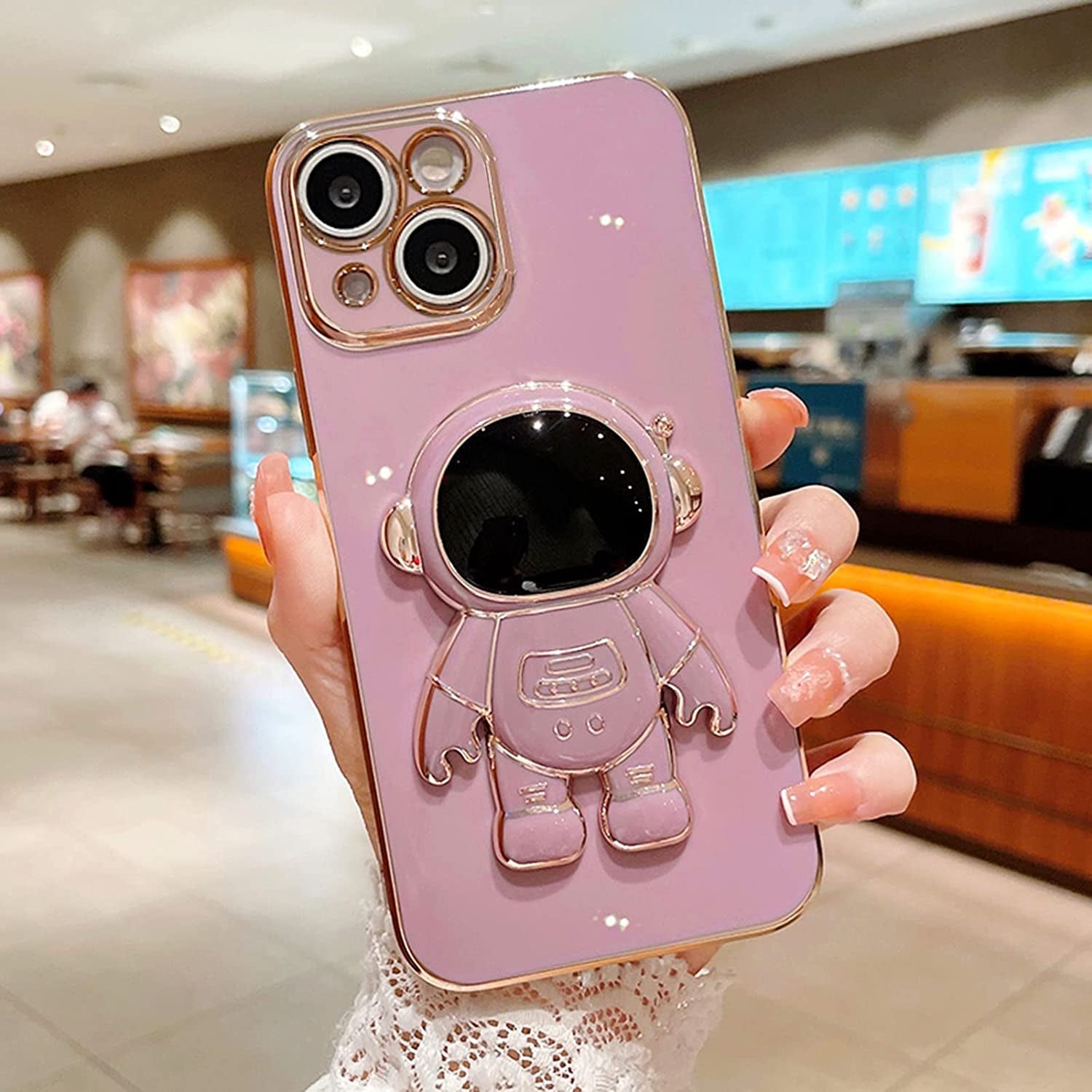 AIGOMARA 6D Plating Astronaut Hidden Stand Case Cover for Iphone 14 plus Women Astronaut Folding Bracket Kickstand Iphone Case with Camera Protector Soft TPU Shockproof Bumper 6.7 in 2022 - Purple  AIGOMARA   