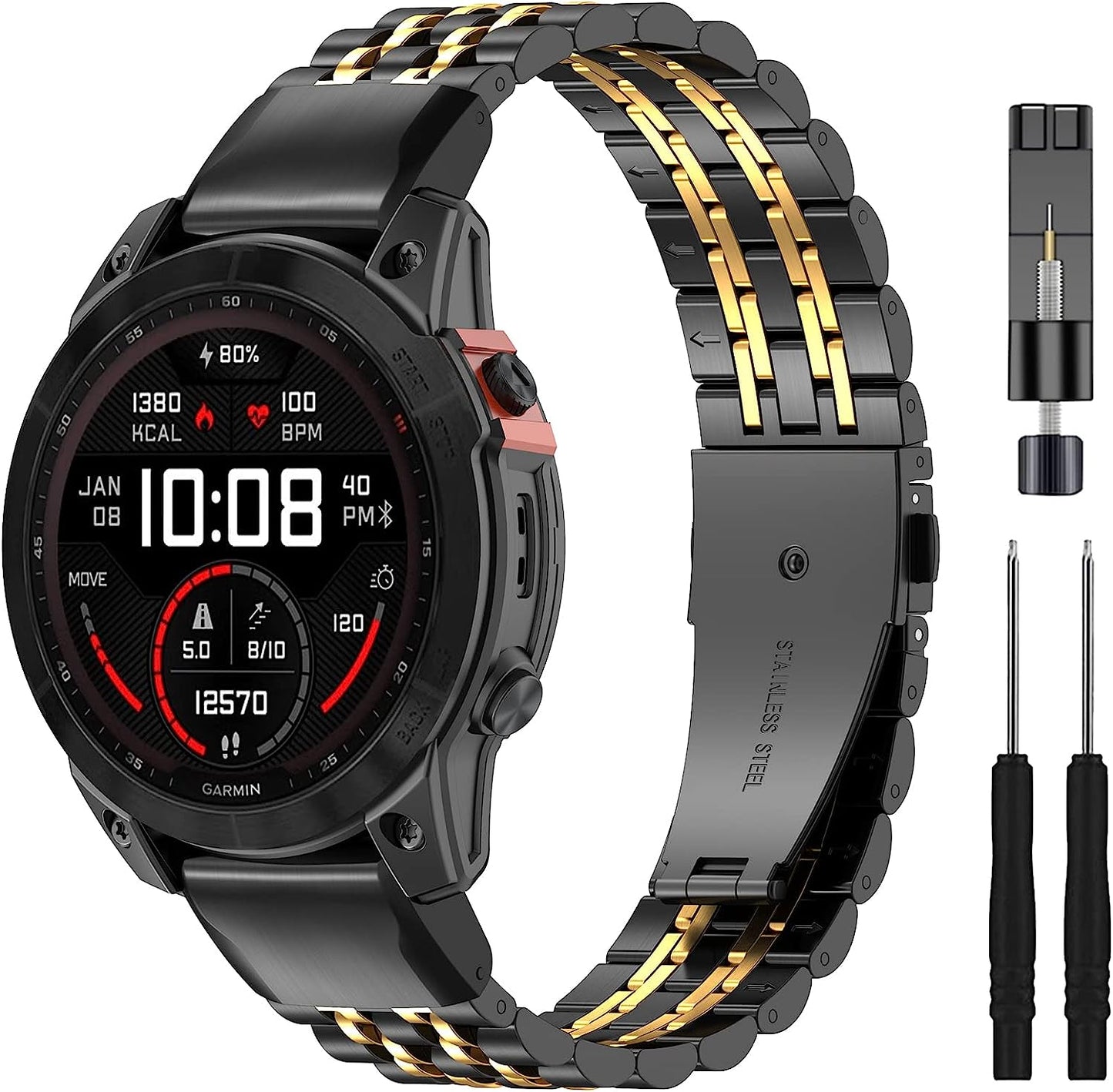 ZPJPPLX 26Mm Quick Fit Metal Band Compatible with Fenix 7X Watch Band, Stainless Steel Replacement Straps for Garmin Tactix 7 Pro/Fenix 6X/ 6X Pro/5X/5X Plus/Enduro 2/Descent Mk2I  ZPJPPLX Black Gold  