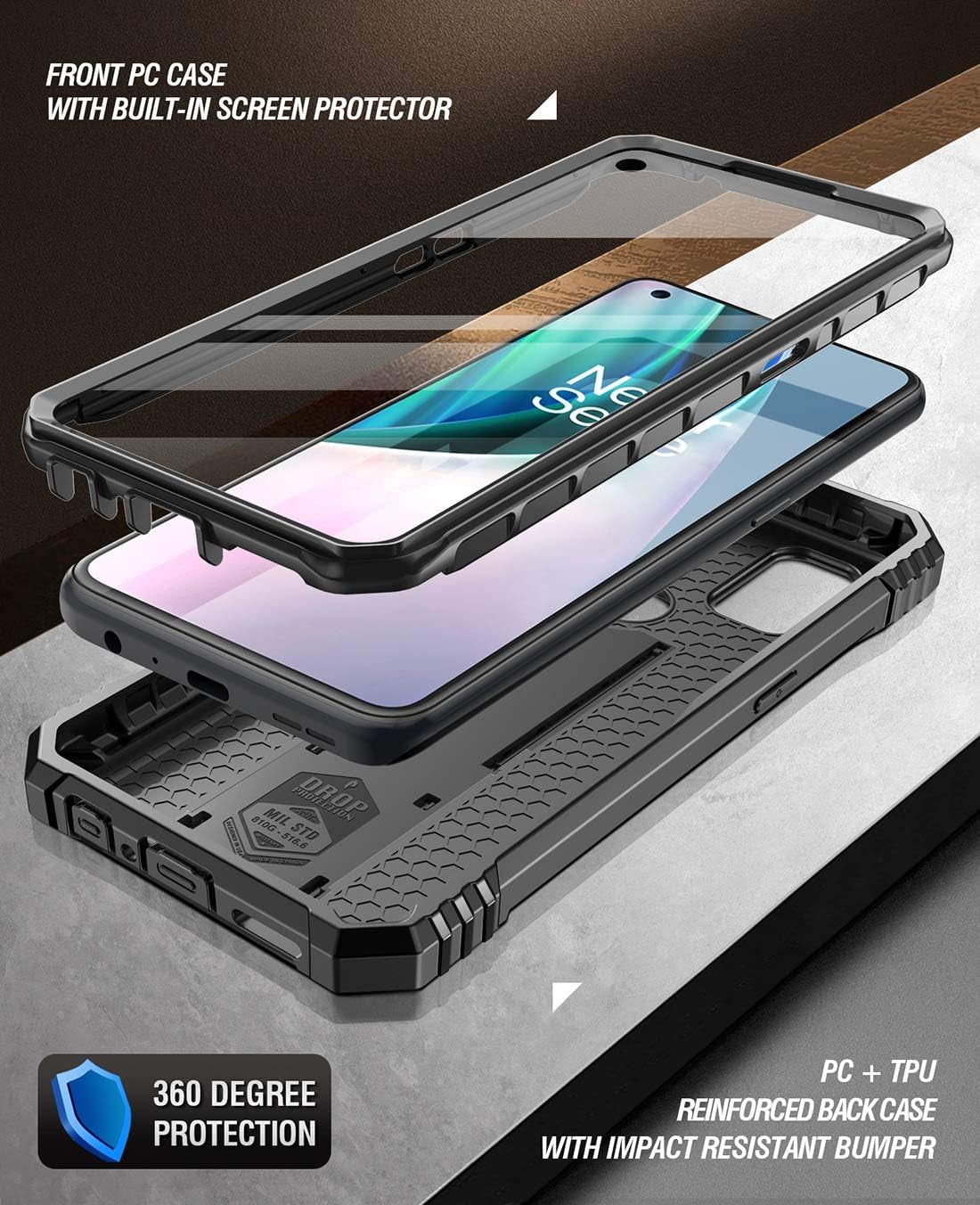 Poetic Revolution Series Case for Oneplus Nord N10 5G, Full-Body Rugged Dual-Layer Shockproof Protective Cover with Kickstand and Built-In-Screen Protector, Black  Poetic   