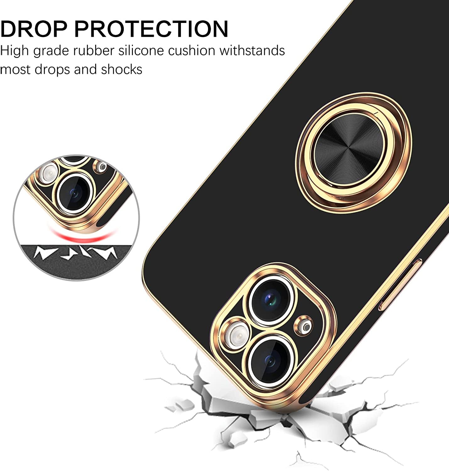 VENINGO Iphone 14 Case,Phone Cases for Iphone 14,Slim Fit Soft 360° Ring Holder Kickstand Magnetic Car Mount Supported Easy Clean Shockproof Protective Cover for Apple Iphone 14 6.1" 2022,Black/Golden  VENINGO   