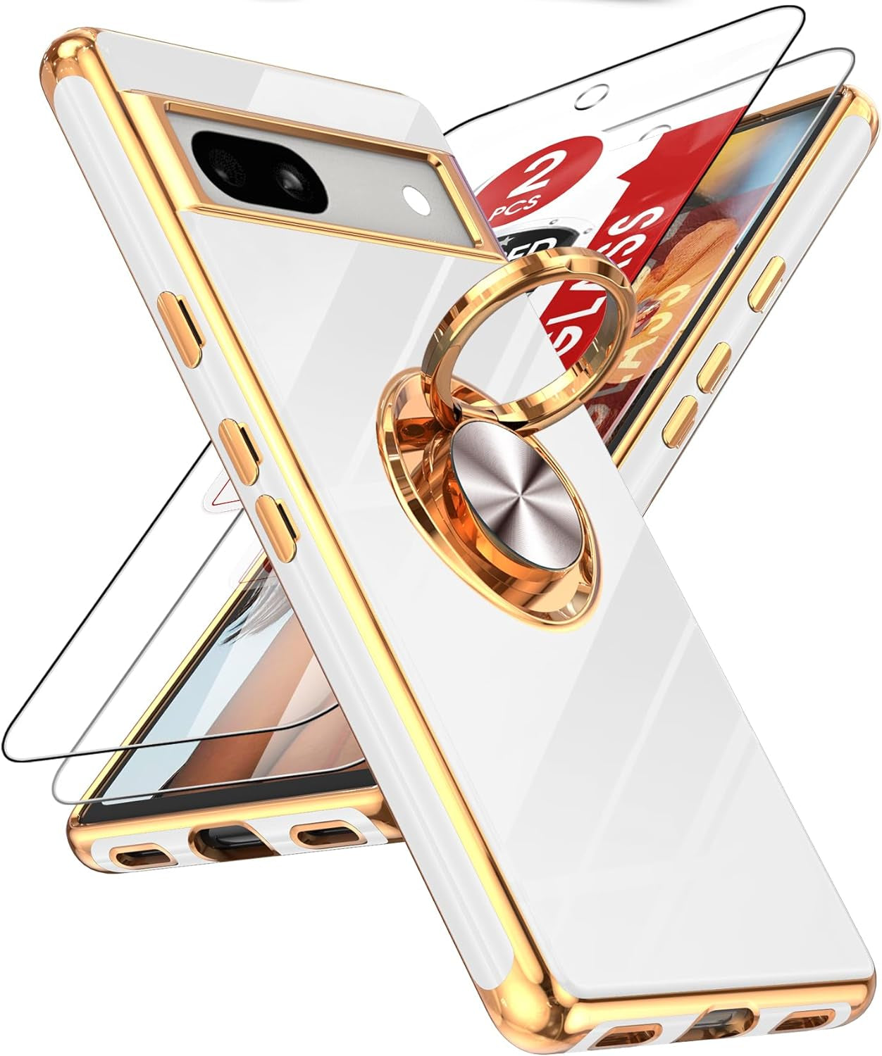 Leyi for Pixel 6A Case: with Tempered Glass Screen Protector [2 Pack] 360° Rotatable Ring Holder Magnetic Kickstand, Plating Rose Gold Edge Protective Google Pixel 6A Case, Pink  LeYi White Google Pixel 7A 