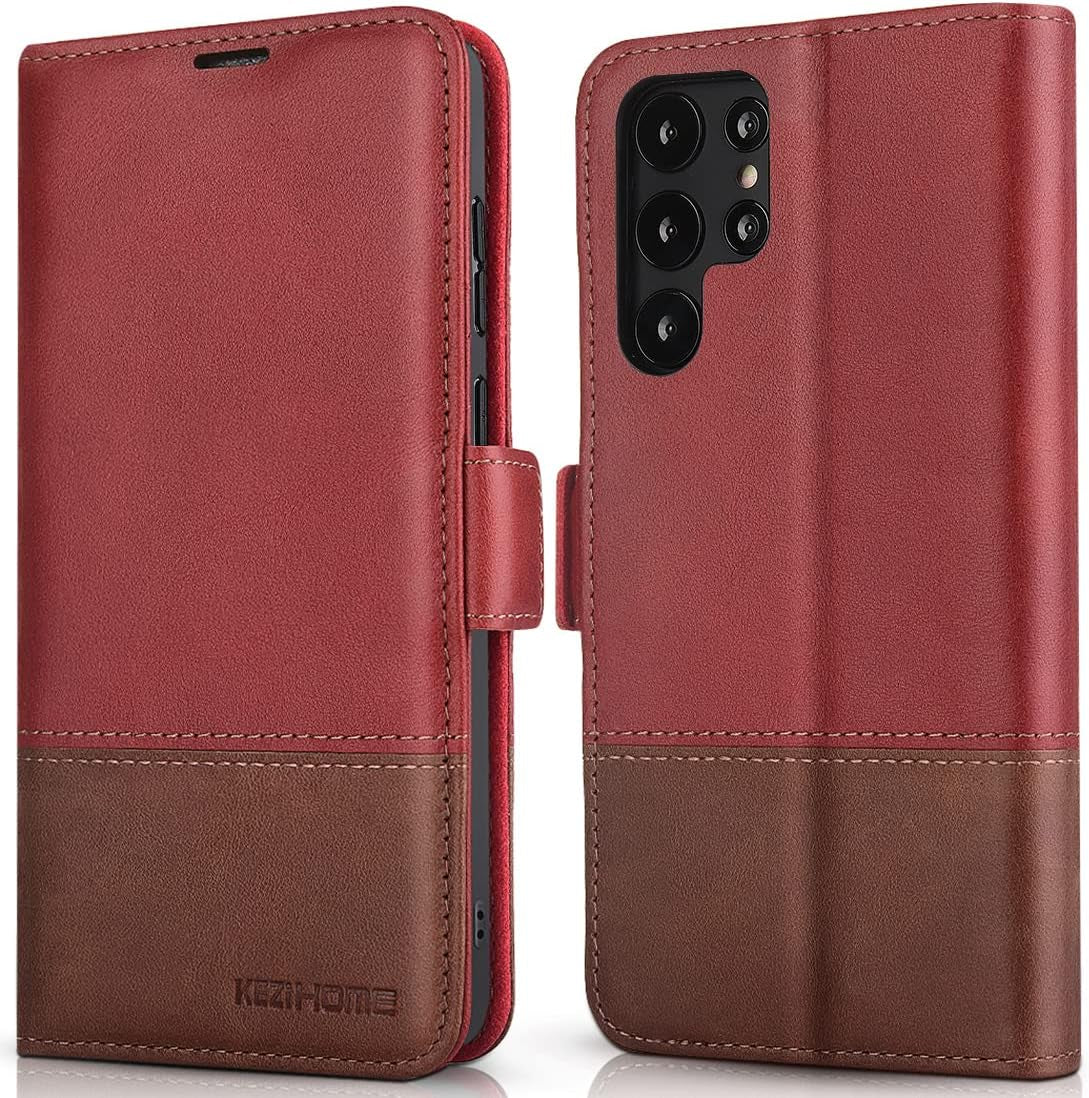 Kezihome Galaxy S22 Ultra Case, Genuine Leather [RFID Blocking] Samsung S22 Ultra 5G Wallet Case Card Slot Flip Magnetic Stand Phone Cover Compatible with Samsung Galaxy S22 Ultra (2022) (Gray/Brown)  Shenzhen Jiemeisi Tchnology Co.,LTD Red/Brown  