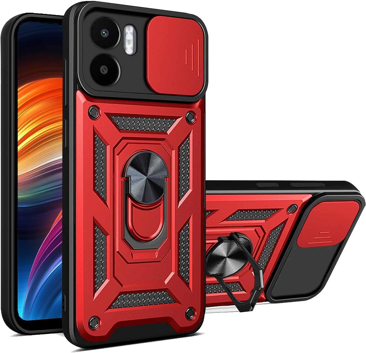 Ysnzaq Case for Xiaomi Redmi A1 Plus/Redmi A2 Plus, Heavy Duty Shockproof Lens Protective Phone Cover with Magnetic Stand for Xiaomi Redmi A2 Plus/Redmi A1 plus SJ Black  Ysnzaq Red  