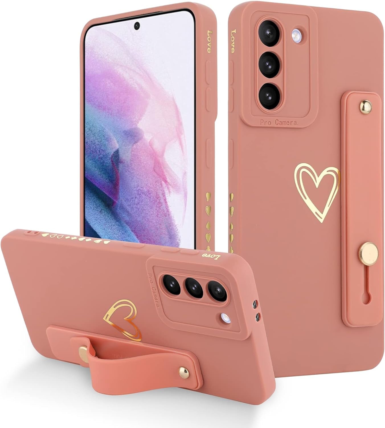 Fiyart Designed for Samsung Galaxy S21 plus Case with Phone Stand Holder Cute Love Hearts Protective Camera Protection Cover with Wrist Strap for Women Girls for Galaxy S21 plus 6.7"-Pink  Fiyart   