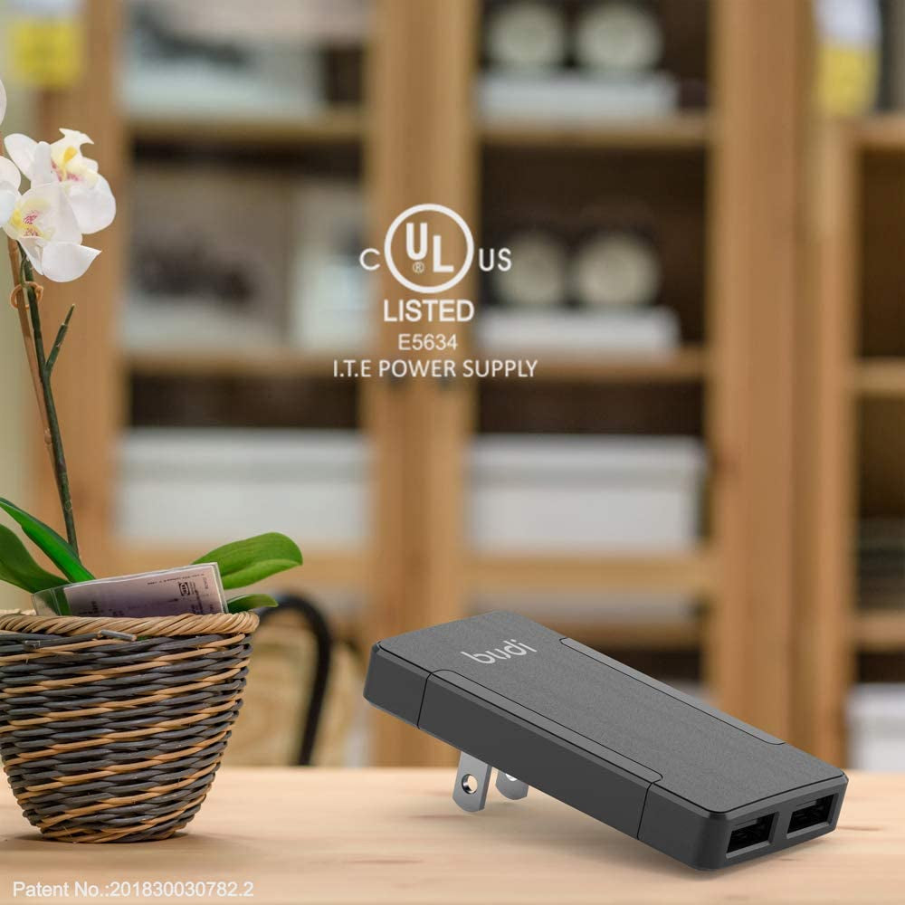 BUDI 17W Extra Slim Portable Wall Charger 2-Port USB-A Charger 3.15 X 1.57 X 0.4 Inches (Black USB-A)  BUDI   