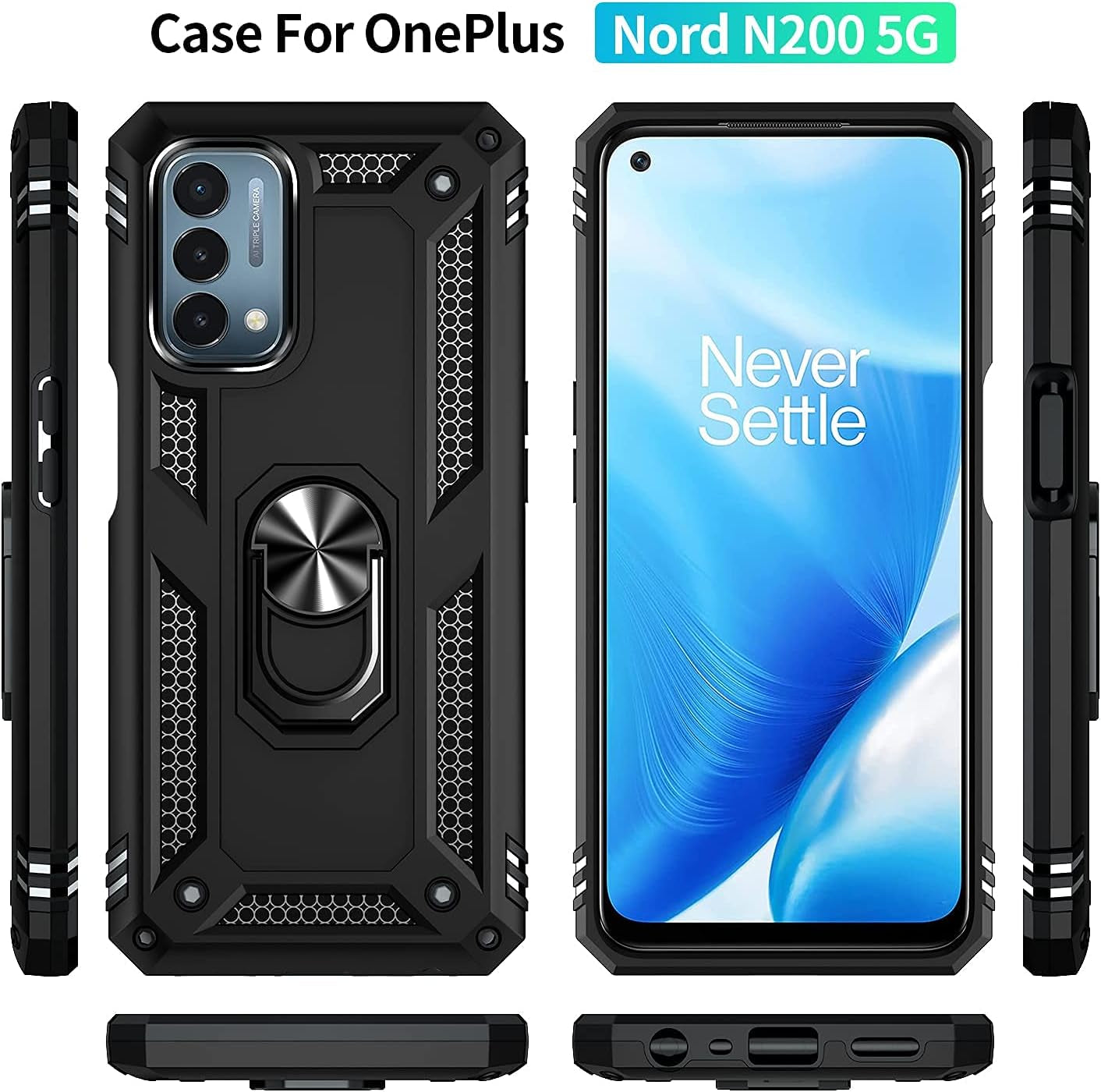 Military Grade Drop Impact for Oneplus Nord N200 5G Case Oneplus Nord N200 5G Case 360 Metal Rotating Ring Kickstand Holder Armor Heavy Duty Shockproof Case for Oneplus Nord N200 5G Phone Case (Black)  Dionsibei   