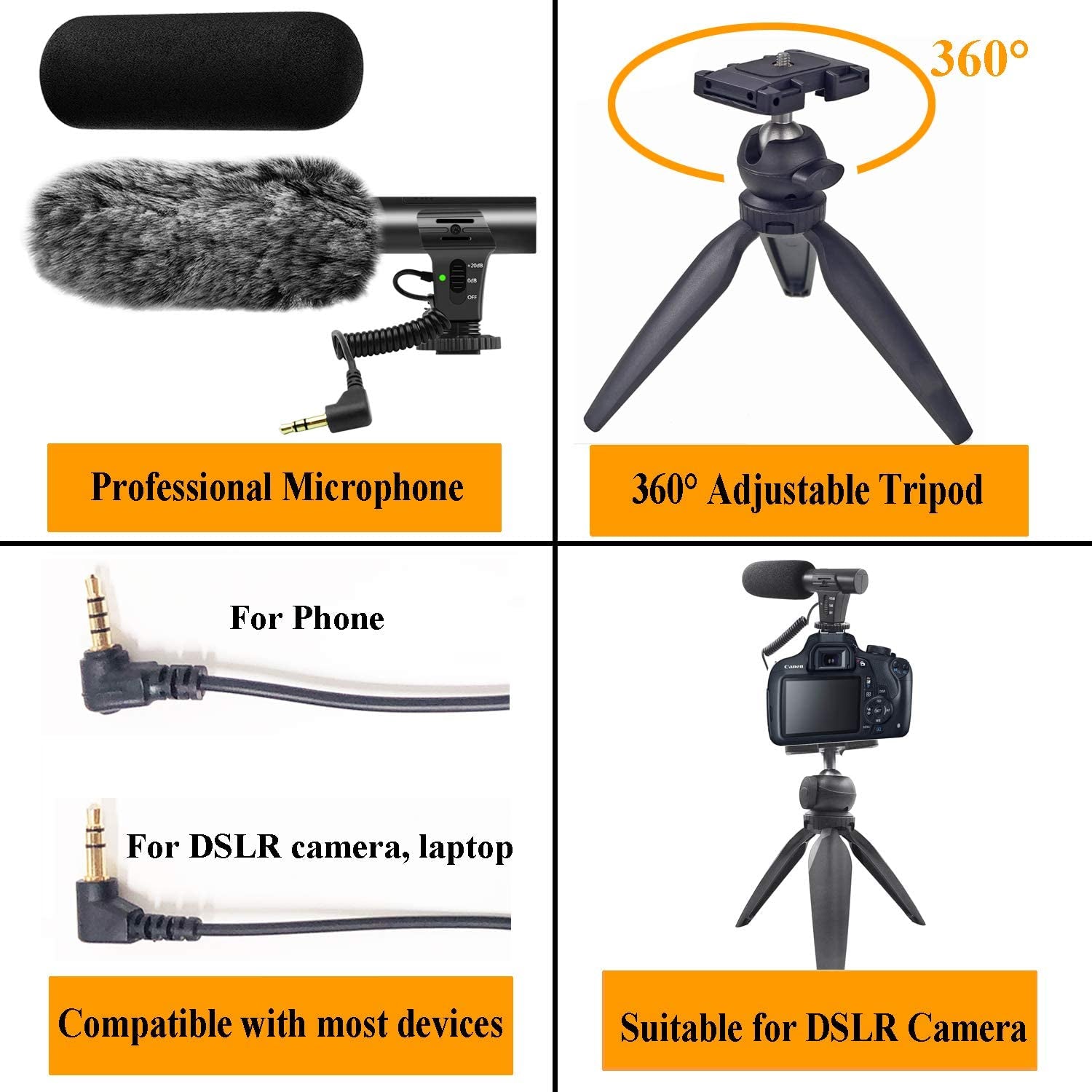 Tikysky Smartphone Camera Video Microphone Kit,Veksun ASMR Microphone for Youtube Windscreen 3.5Mm Jack External Mic for Phone Iphone Samsung DSLR Canon Nikon with Mini Tripod  tikysky   