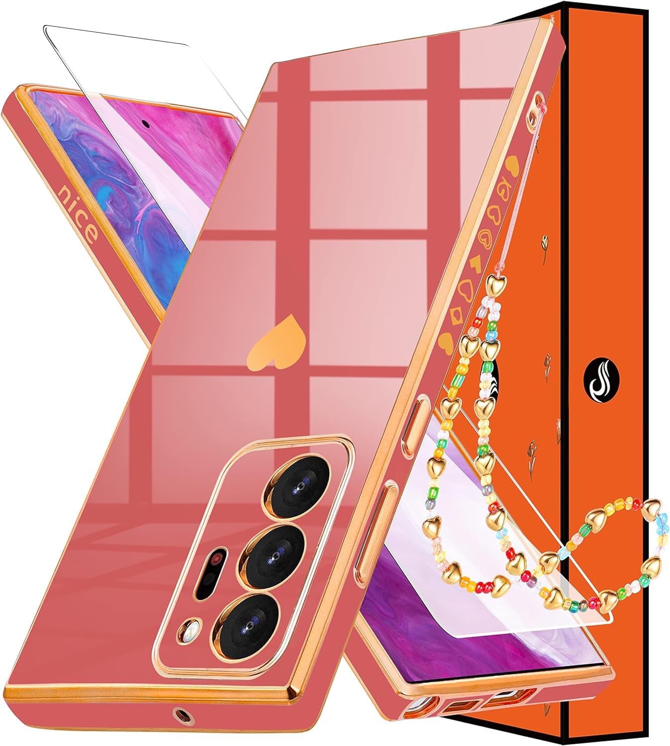 Shorogyt (3In1 Heart Case for Samsung Galaxy Note 20 Ultra 5G/4G 6.9 Inch Women Cute Aesthetic Love Hearts Pattern Girls Dark Blue Gold Luxury Girly Design Cases Cover+Screen+Chain for Note20 Ultra  qunxiner Only For Samsung Note 20 Ultra Red  