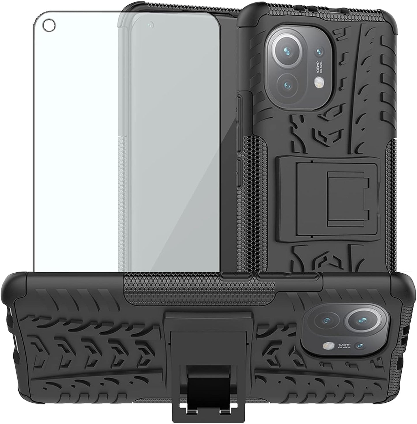 Phone Case for Xiaomi Mi 11 5G with Tempered Glass Screen Protector Cover and Stand Kickstand Slim Hard Rugged Hybrid Protective Cell Accessories Mi11 G5 Cases Men Boys Women Girls Kids Black Red  Asuwish Black For Mi 11 