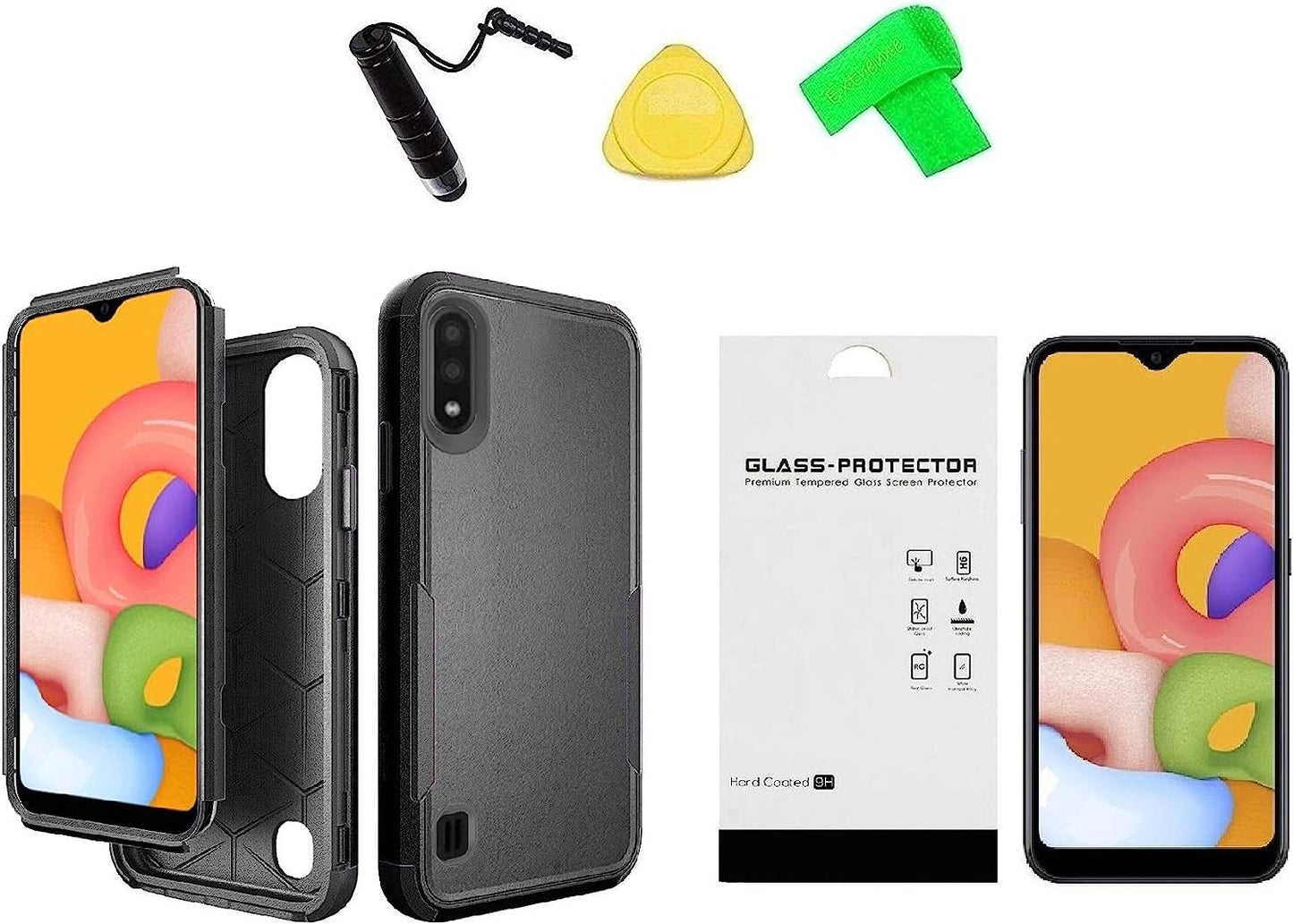 For Samsung Galaxy A01 S111DL SM-A015 Tuff Anti-Slip Hybrid Cover Phone Case + Tempered Glass + Extreme Band + Stylus Pen + Pry Tool (Pink)  ExtremeCases Black  