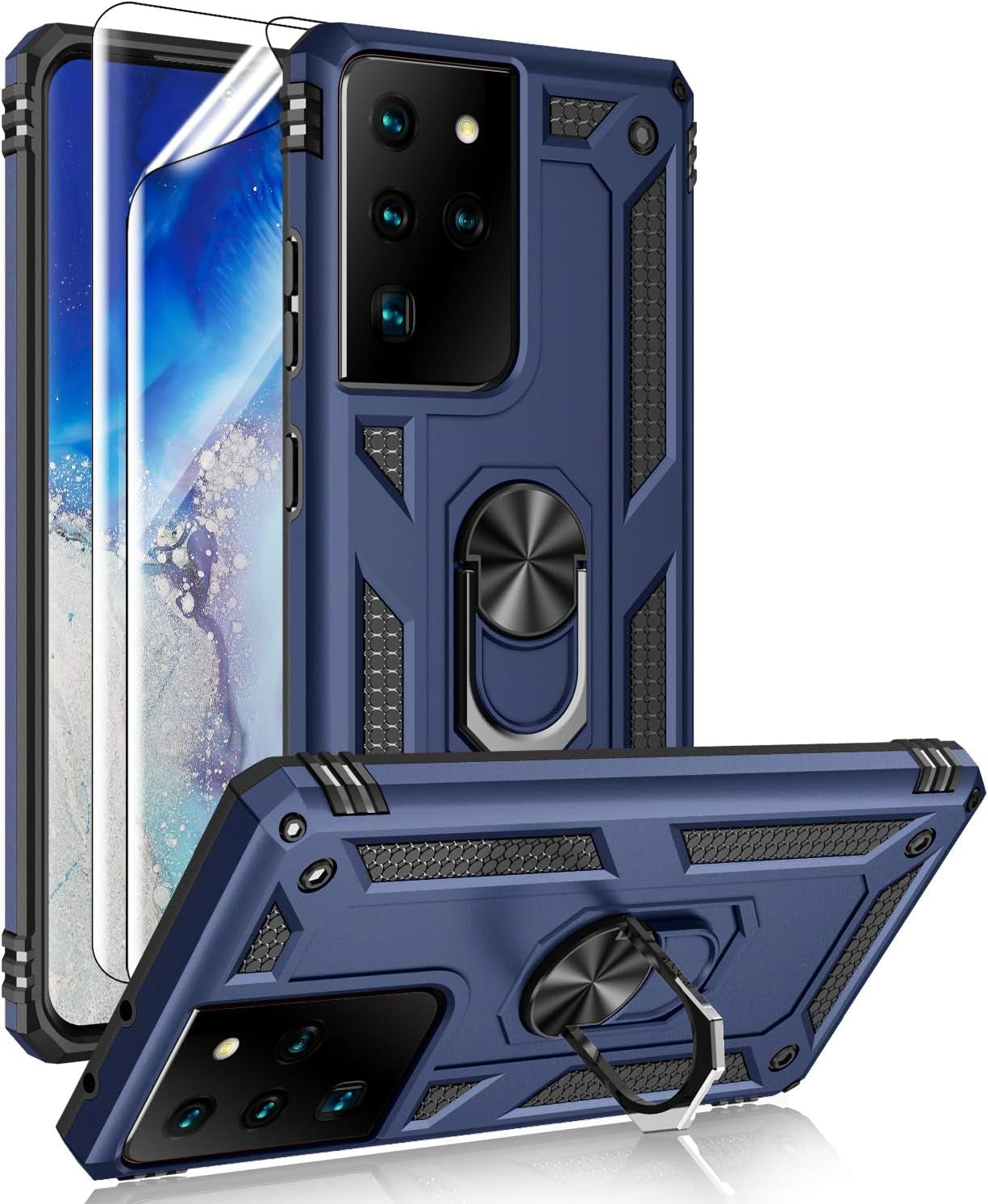 Samsung Galaxy S21 Ultra 5G Case with HD Screen Protectors, Androgate Military-Grade Metal Ring Holder Kickstand 15Ft Drop Tested Shockproof Cover Case for Samsung Galaxy S21 Ultra Black  E&M Tek Blue  