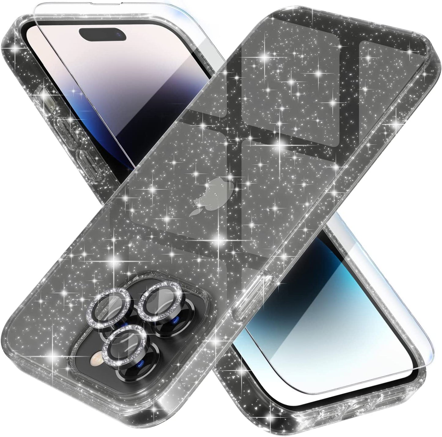 Choiche Compatible for Iphone 14 Case Cute, Women Clear Glitter Bling Sparkly Case, [2 X Diamond Camera Lens Protectors] [2 X Tempered Glass Screen Protectors] 6.1-Inch (Glitter Black)  Choiche Glitter Black iPhone 14 Pro Max 