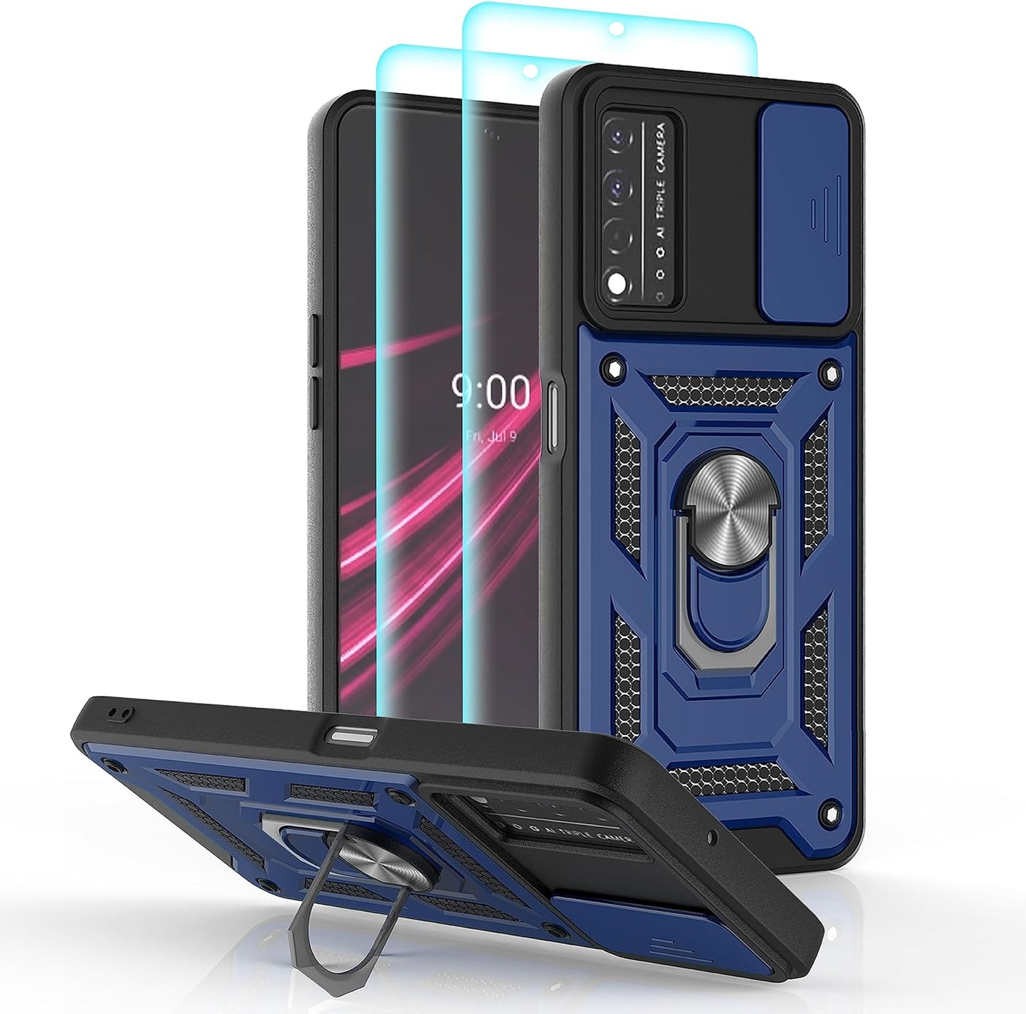 Ymhxcy for T-Mobile Revvl V plus 5G Case with Slide Camera Cover and [2 Pack] HD Screen Protector, Heavy Duty Shockproof Protective Case with Magnetic Metal Stand for Revvl V plus 5G-SJ Rose Gold  YmhxcY Sj-Blue  