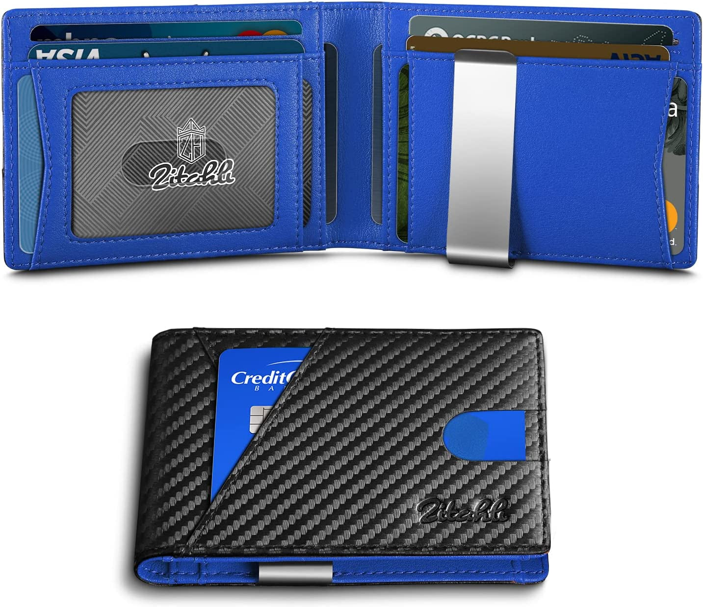 Zitahli Wallet for Men - with Money Clip Slim Leather Slots Credit Card Holder RFID Blocking Bifold Minimalist Wallets with Gift Box  Zitahli Carbon Black and Blue  