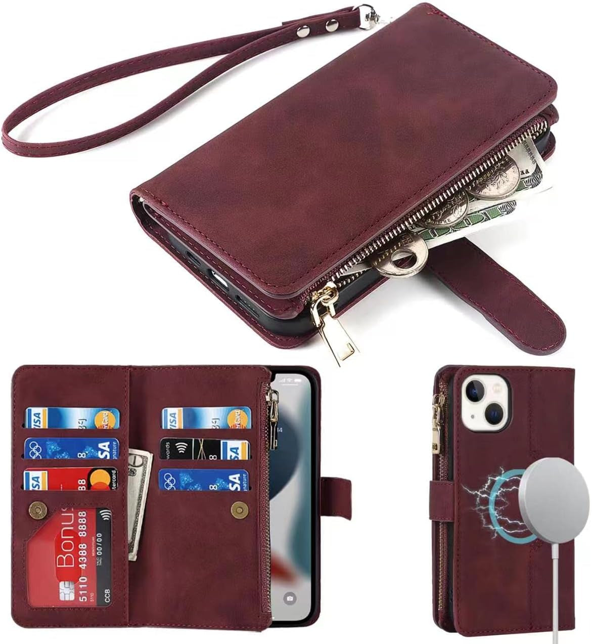 Ｈａｖａｙａ Iphone 13 Pro Max Case Wallet Magsafe Compatible,Iphone 13 Pro Max Phone Case with Card Holder,Flip Magnetic Zipper Magnetica Wallet Cover for Women Men -Wine Red  Ｈａｖａｙａ Wine Red iPhone 13 