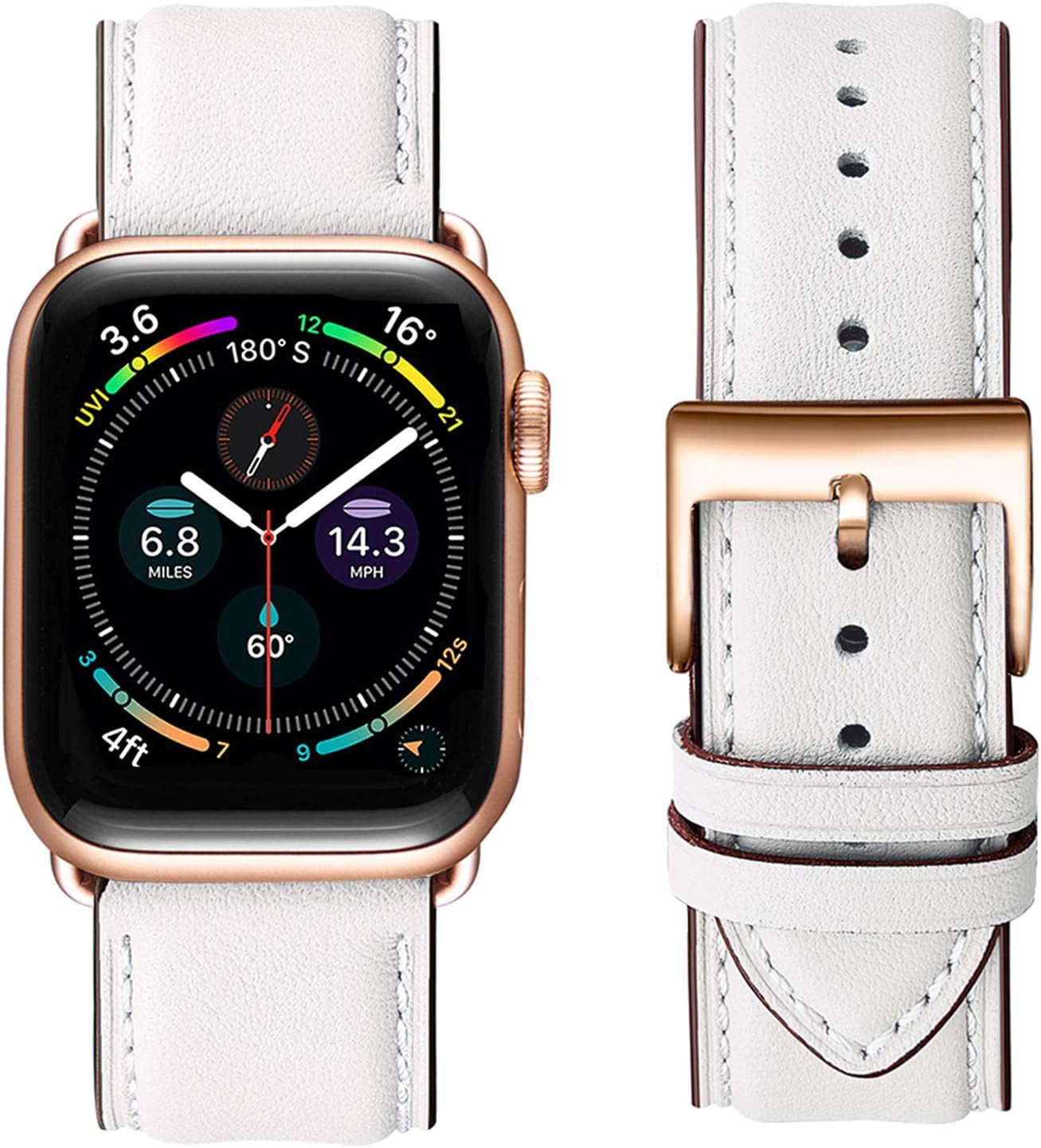 OMIU Square Bands Compatible with Apple Watch Band 38Mm 40Mm 41Mm 42Mm 44Mm 45Mm 49Mm, Genuine Leather Wristband Starp for Iwatch SE Series 8 7 6 5 4 3 2 1 Utral for Women Men(Ivory White/Rose Gold)  BestWayStore White/Rose Gold 42mm 44mm 45mm 49mm 