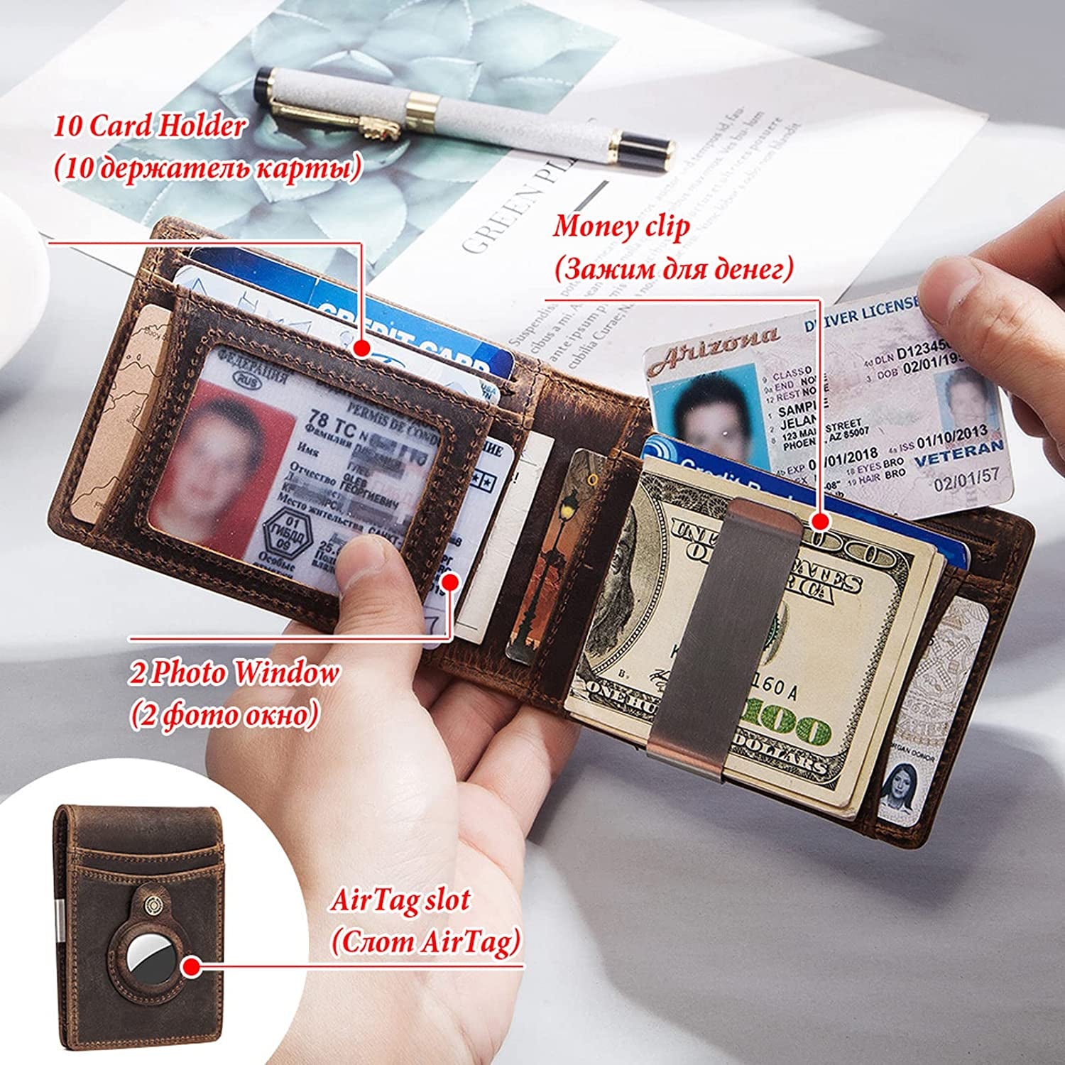 Mens Money Clip Wallet with Airtag Slot RFID Blocking with 2 ID Windows, Fashion Art Vintage Wallet for Him  AdirMi   