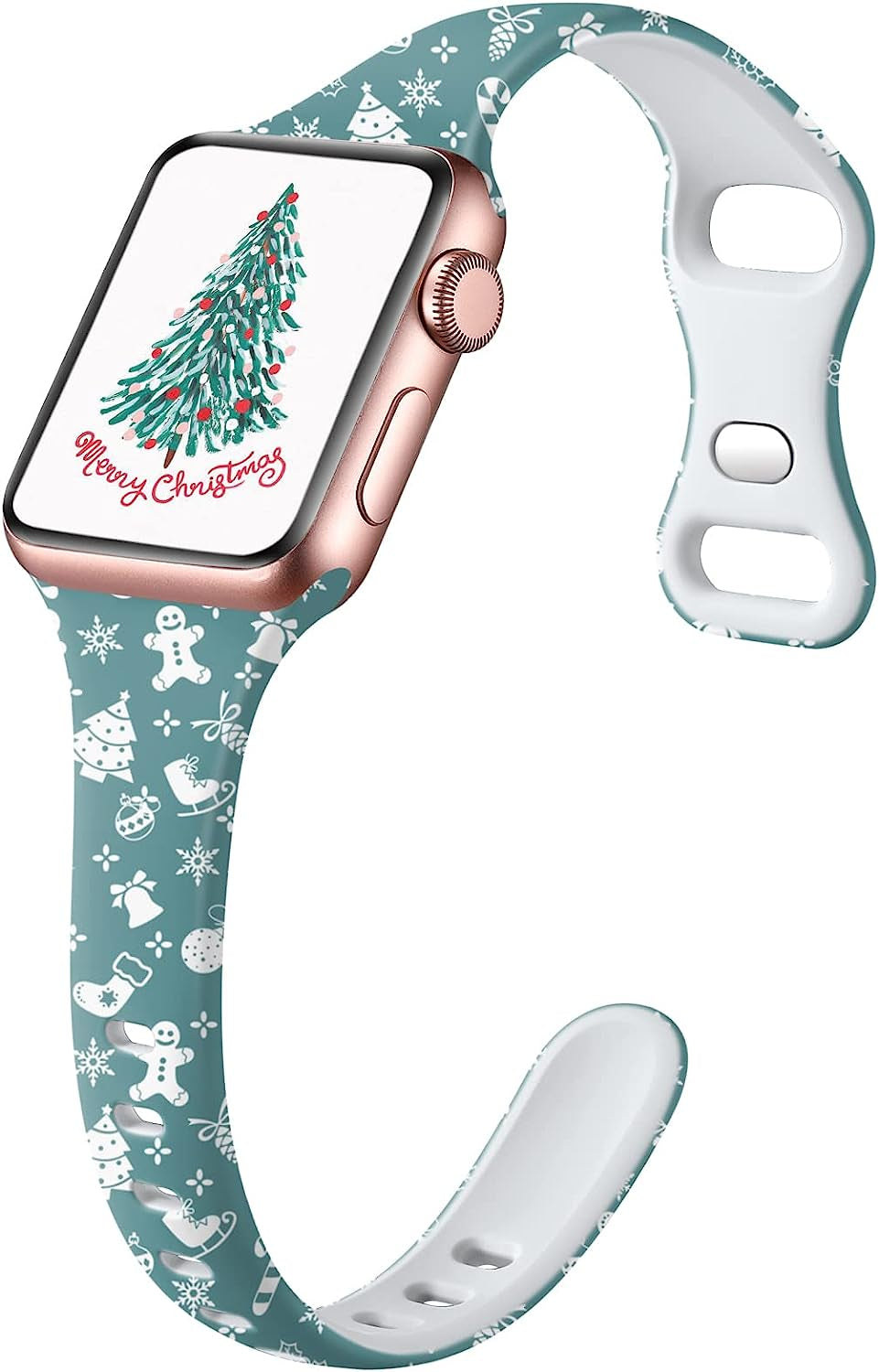 Witzon Thin Bands Compatible with Apple Watch Band 40Mm 38Mm 41Mm for Women, Fadeless Floral Cute Printed Slim Silicone Sport Replacement Wristbands for Iwatch SE Series 7 6 5 4 3 2 1 Smart Watch  Witzon Pine Green - White Christmas Decor  