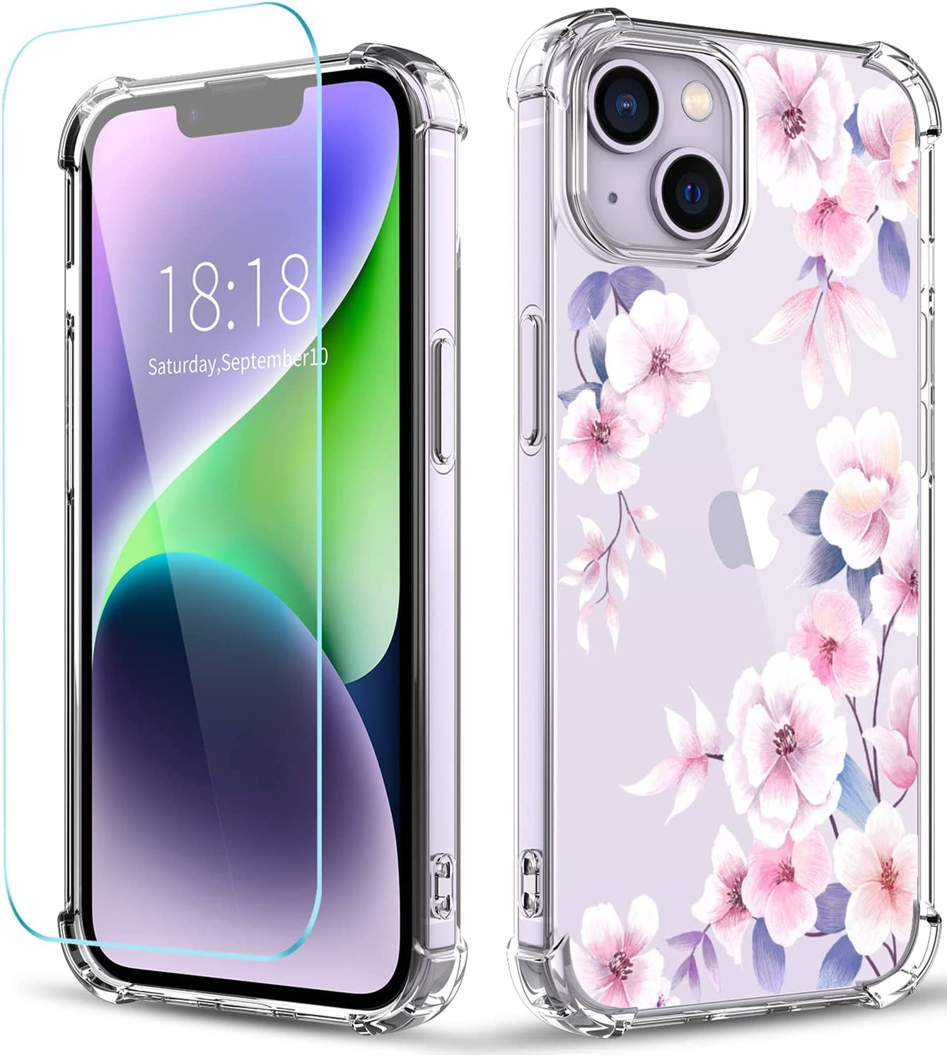 YOYORI Compatible with Iphone 14 Case with Screen Protector, Flower Pattern Design, Floral Clear Women Phone Case Shockproof Protective Soft TPU Bumper Cover 6.1 Inch 2022 (Butterfly/Blue)  YOYORI i14-32  