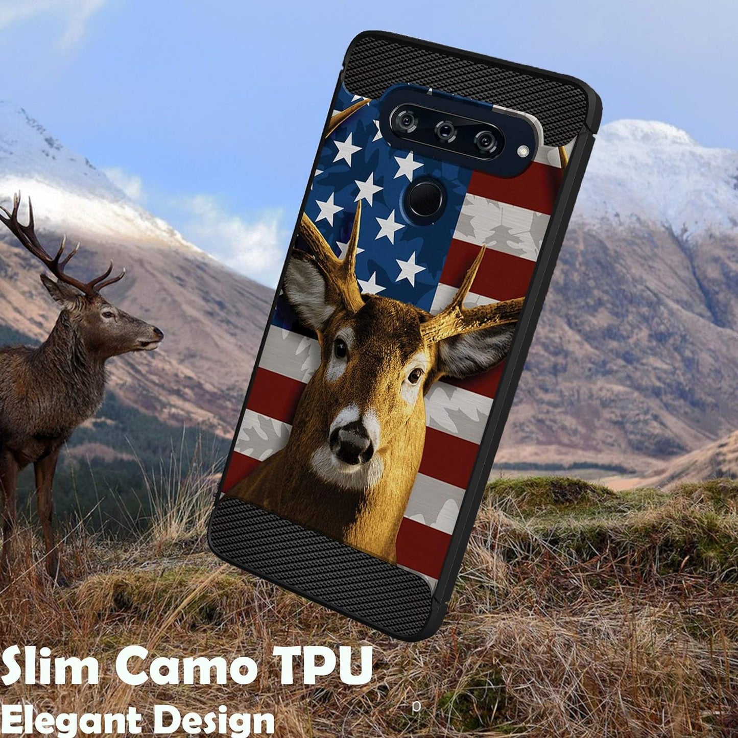 Casesondeck Flag Case Compatible with [LG G8 Thinq] Hunters Series Slim No Bulk Carbon Fiber Texture Black Flexible TPU Material (Deer Flag)  CasesonDeck   