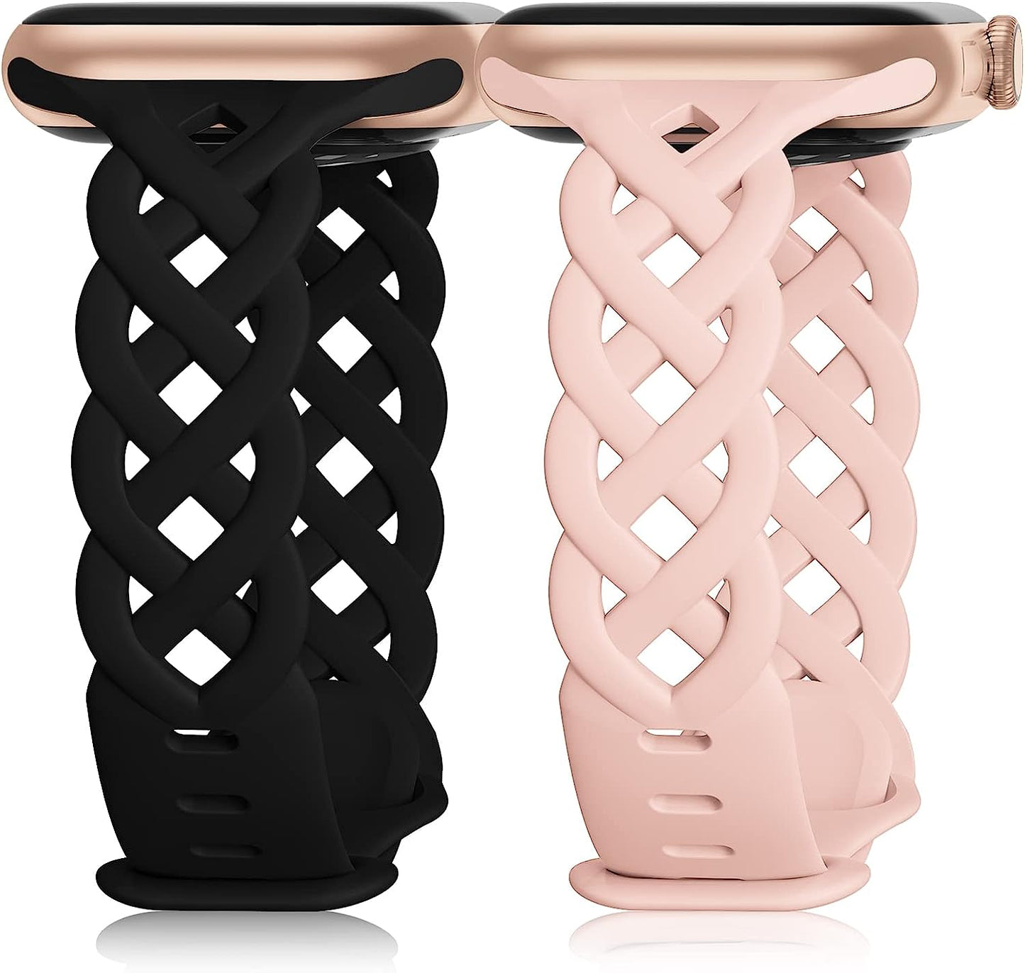 Braided Silicone Bands Compatible with Apple Watch 38Mm 40Mm 41Mm for Women, Slim Thin Narrow Hollow-Out Replacement Strap Cute Wristbands Adjustable for Iwatch Series SE 8/7/6/5/4/3/2/1 Women 2 Pack  Bandiction Black/Sand Pink 38mm/40mm/41mm 