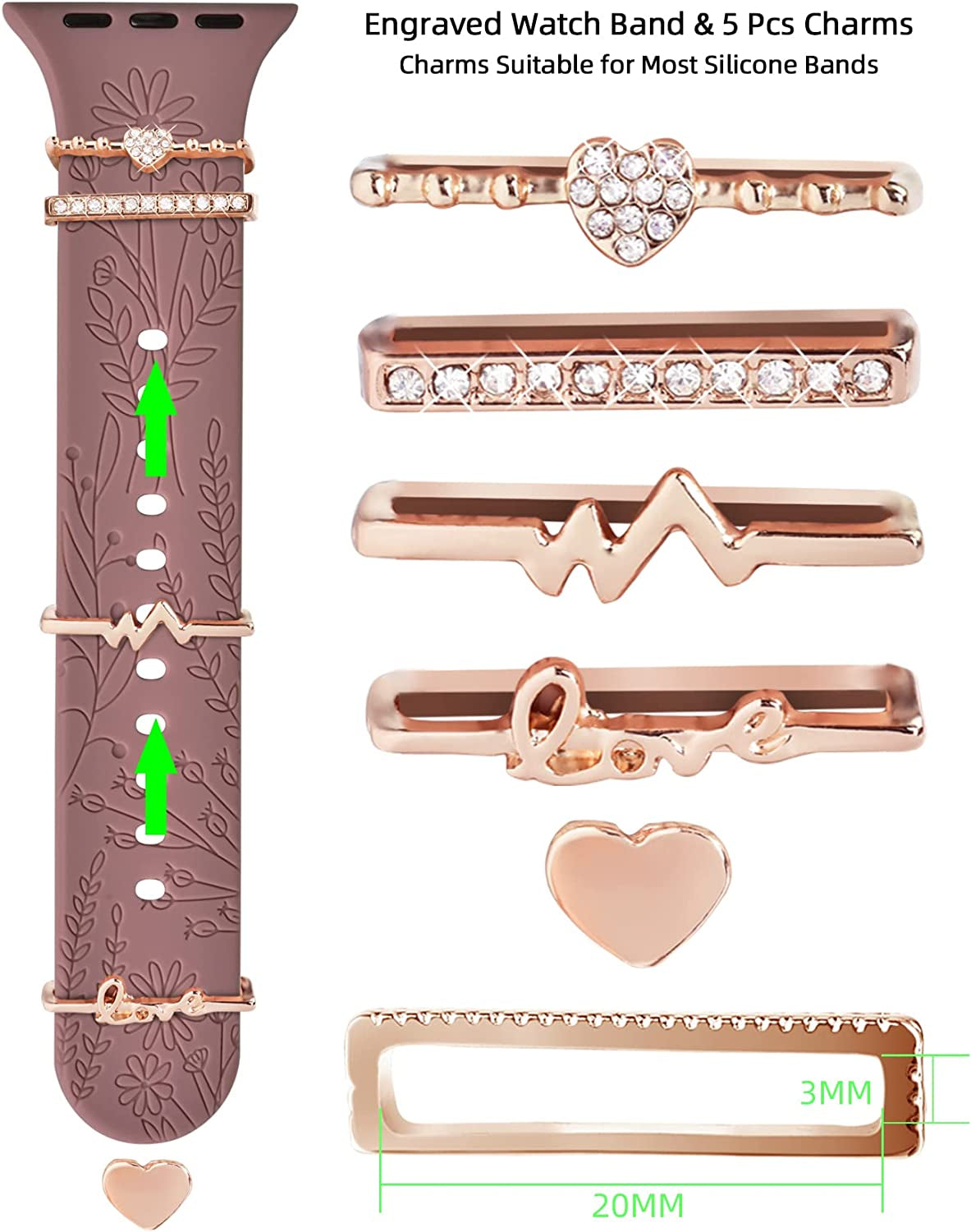 Watch Band Charms (Band Included), Compatible with Apple Watch Band 38Mm 40Mm 41Mm, ORATYFAN Floral Engraved Silicone Bands & Metal Decorative Ring Loops Accessories for Iwatch Series Se 8 7 6 5 4 3 2 1  ORATYFAN   