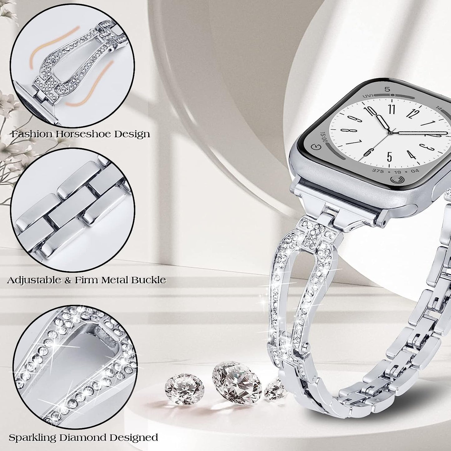 MOFREE Bling Band Compatible for Apple Watch Band 38Mm 40Mm 41Mm 42Mm 44Mm 45Mm Iwatch Series SE 8 7 6 5 4 3 2 1,Dressy Jewelry Diamond Rhinestone Stylish Metal Wristband Strap for Women  MOFREE   