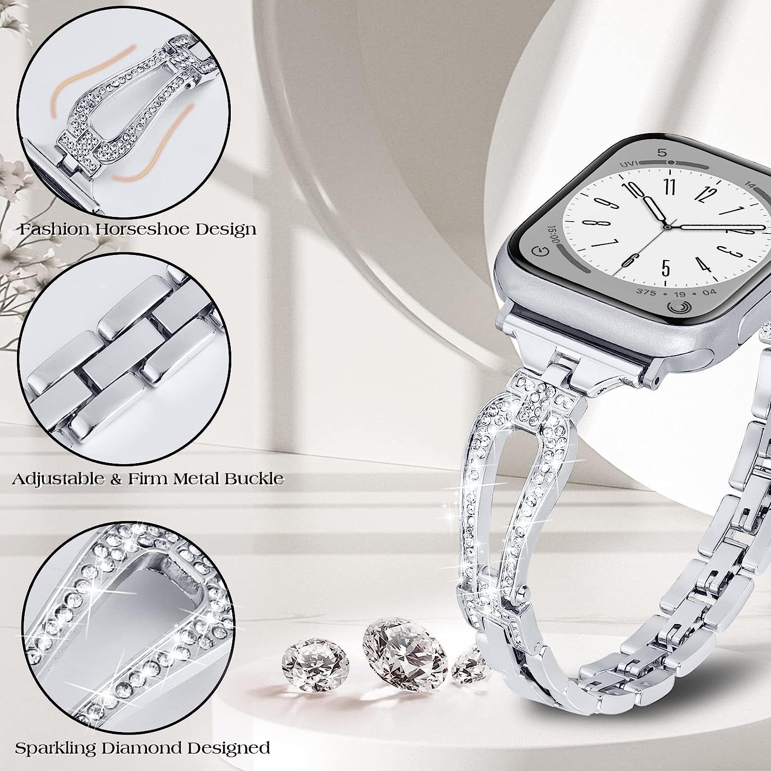 MOFREE Bling Band Compatible for Apple Watch Band 38Mm 40Mm 41Mm 42Mm 44Mm 45Mm Iwatch Series SE 8 7 6 5 4 3 2 1,Dressy Jewelry Diamond Rhinestone Stylish Metal Wristband Strap for Women  MOFREE   