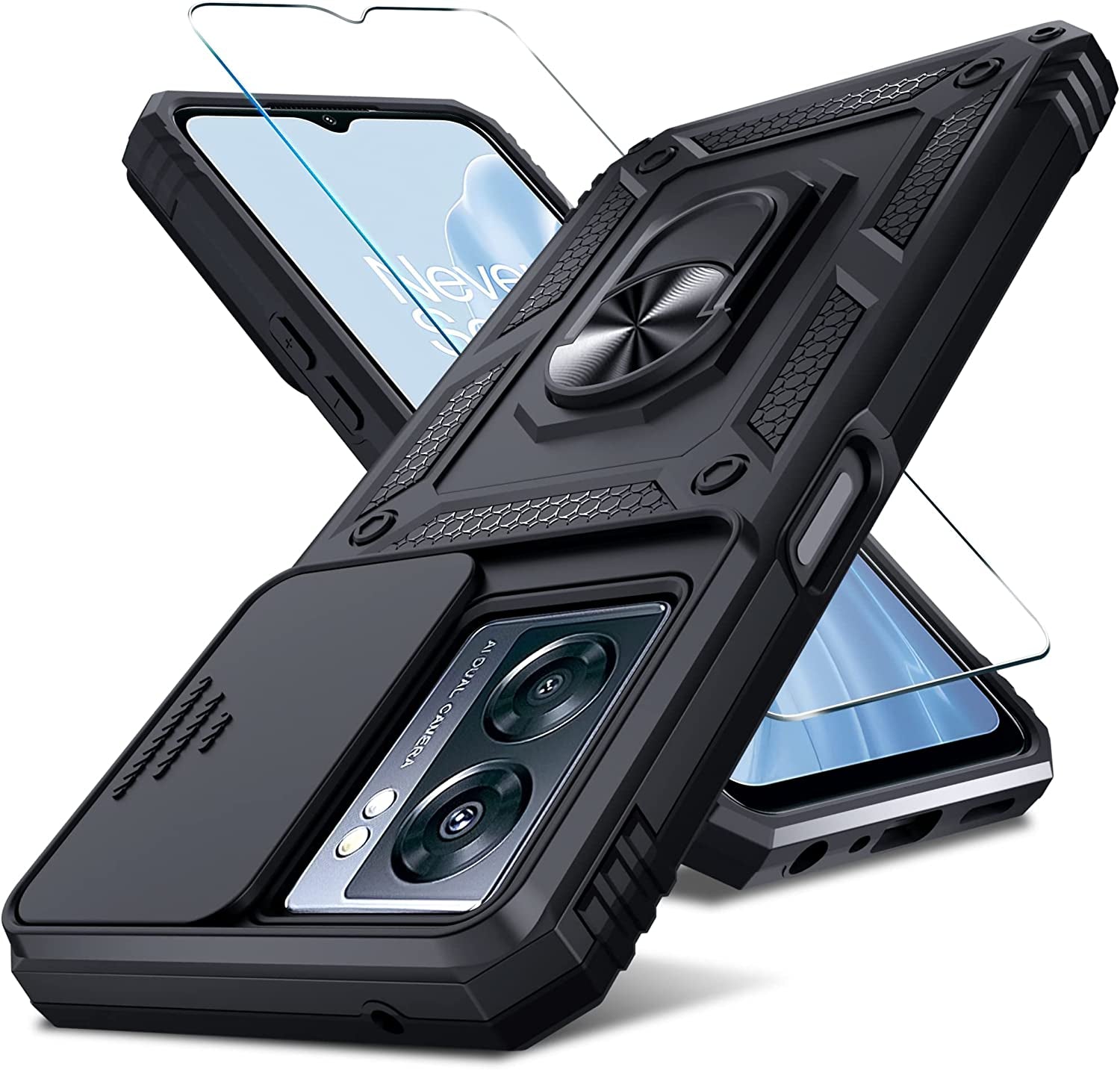 Janmitta Oneplus Nord N300 5G Case Built in Slide Camera Lens Cover and Screen Protector,Heavy Duty Shockproof Full Body Protective Phone Cover,Built in Finger Ring Stable Holder Kickstand,2022 Blue  Janmitta Black  