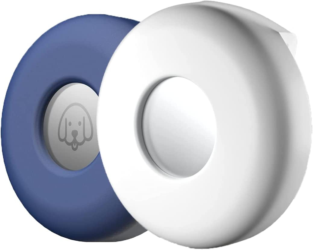 Airtag Dog Collar Holder (2-Pack) Easy to Clean Silicone, Anti-Lost GPS Air Tag Case, Compatible with Dog Cat Collars as Well as Backpacks and Purses, Shock Proof, Silicone Protective Cas (Black/Blue)  ADC Products White/Blue  