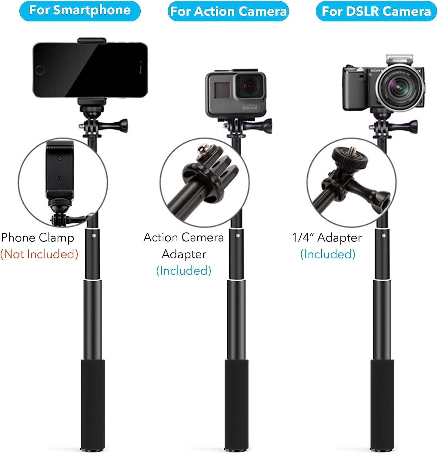 Homeet 36" Telescopic Action Camera Selfie Stick Expandable Handheld Pole Monopod with 1/4 Inch Adapter for Action Cameras  Homeet   