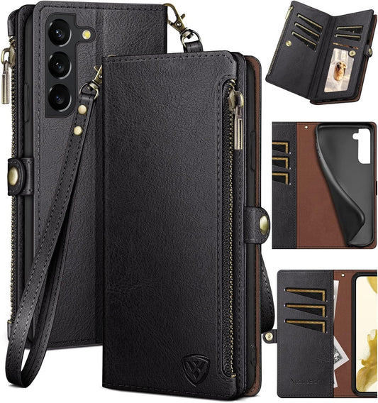 Xcasebar for Samsung Galaxy S22 plus Wallet Case with Zipper Credit Card Holder【Rfid Blocking】, Flip Folio Book PU Leather Phone Case Shockproof Cover Women Men for S22 plus Case Black  XcaseBar   