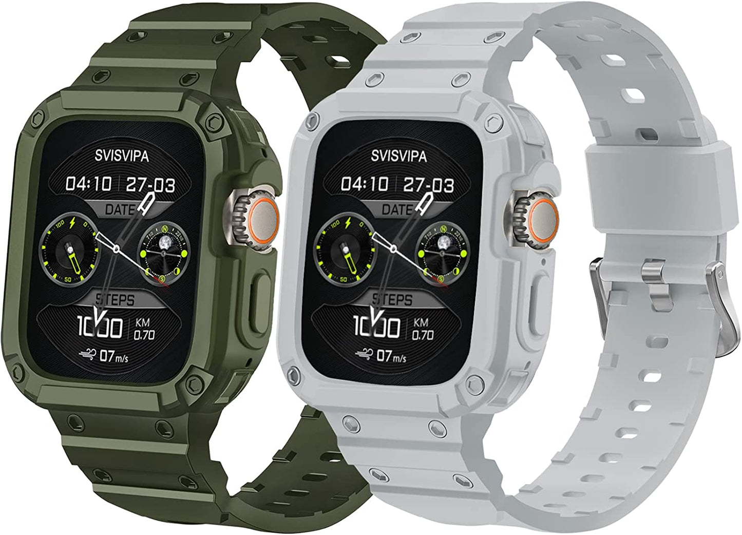 [2 Pack] SVISVIPA Band with Case Compatible for Apple Watch 45Mm 44Mm 42Mm Iwatch Series 8 7 SE 6 5 4 3 2 1 Strap, Men Women Sport Strap with Bumper Rugged Shockproof Military Protective, 2 Pack (Black，Army Green）  SVISVIPA Light Grey/Army Green Ultra 49mm 