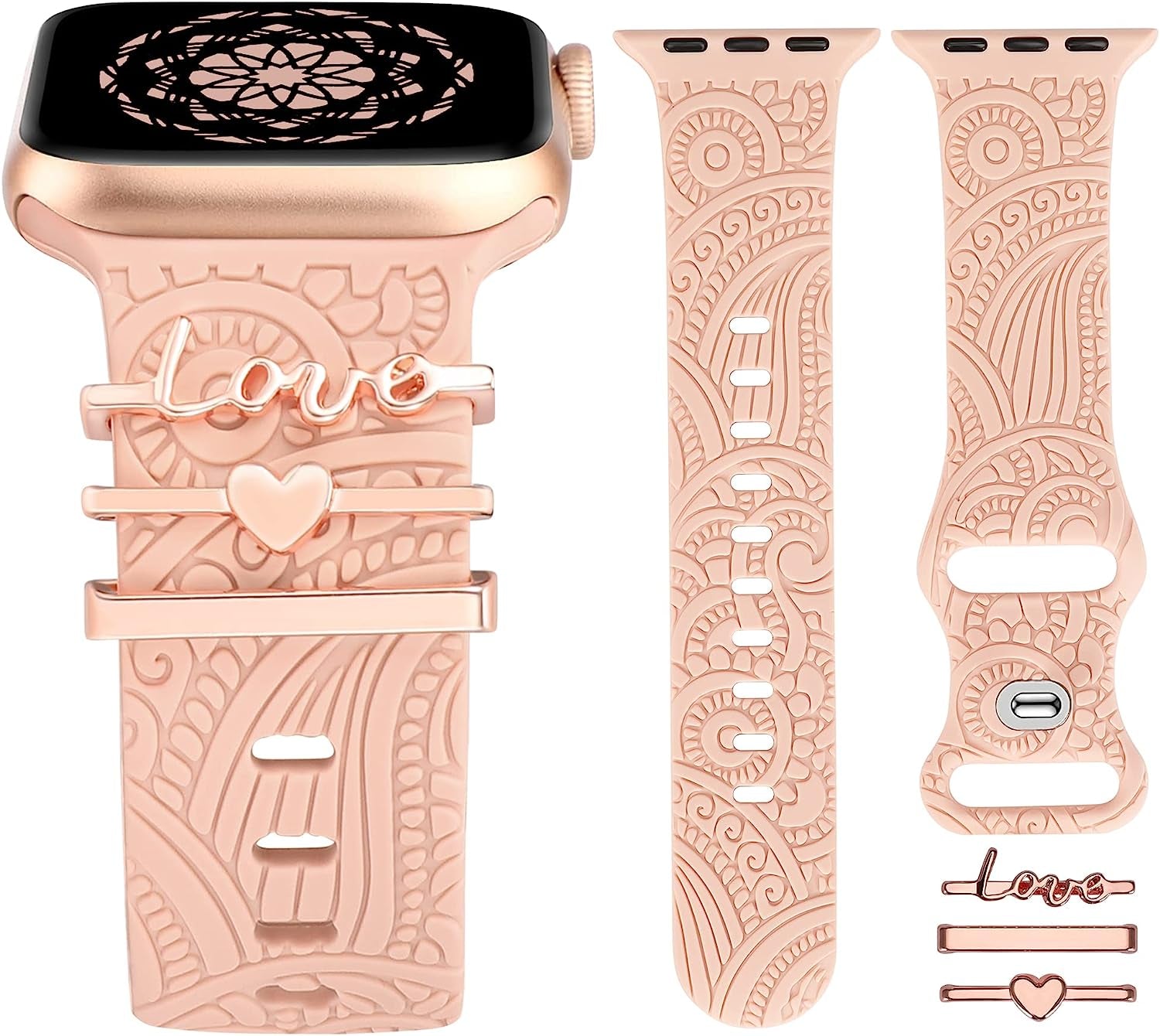 (Include Band) Decorative Ring Loops Compatible with Apple Watch Band Charms 41/40/38/42/44/45/49Mm Women, Boho Engraved Fancy Accessories Silicone Strap for Iwatch Series 8 SE Ultra 7 6 5 4 3 2 1  TOYOUTHS Love 42/44/45/49mm 