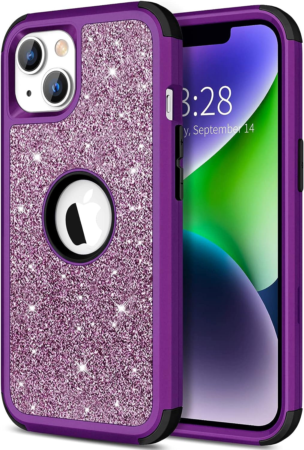 Hython for Iphone 14 plus Case, Heavy Duty Full-Body Defender Protective Phone Cases Glitter Bling Sparkle Hard Shell Hybrid Shockproof/Drop Proof 3-Layer Military Rubber Bumper Cover for Women Girls  Hython Purple  