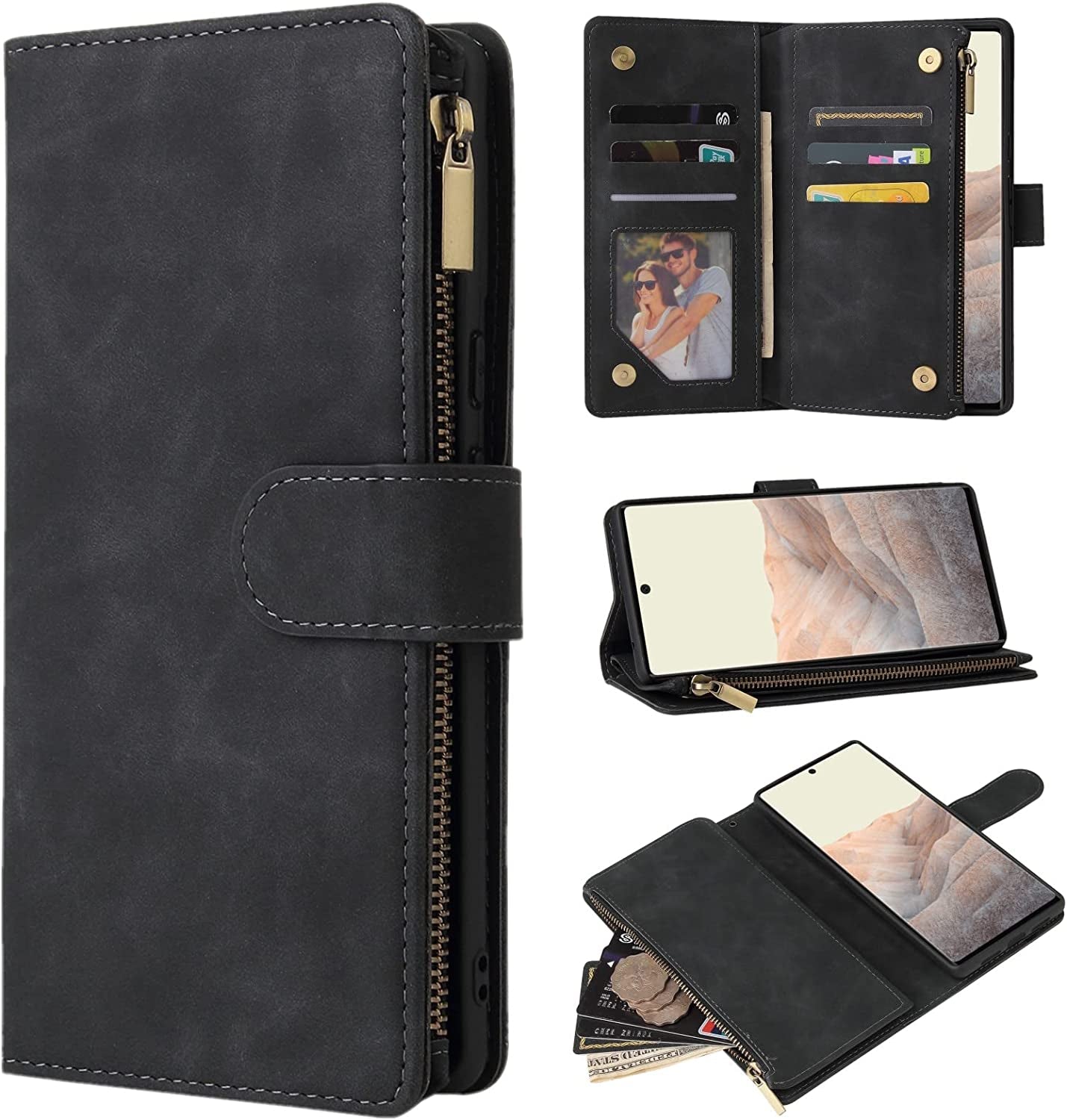 ZZXX Google Pixel 6 Pro Case Wallet with Card Slot Premium Soft PU Leather Zipper Flip Folio Wallet with Wrist Strap Kickstand Protective for Google Pixel 6 Pro Wallet Case(Blue 6.7 Inch)  ZZXX Black Google Pixel 6 Pro 