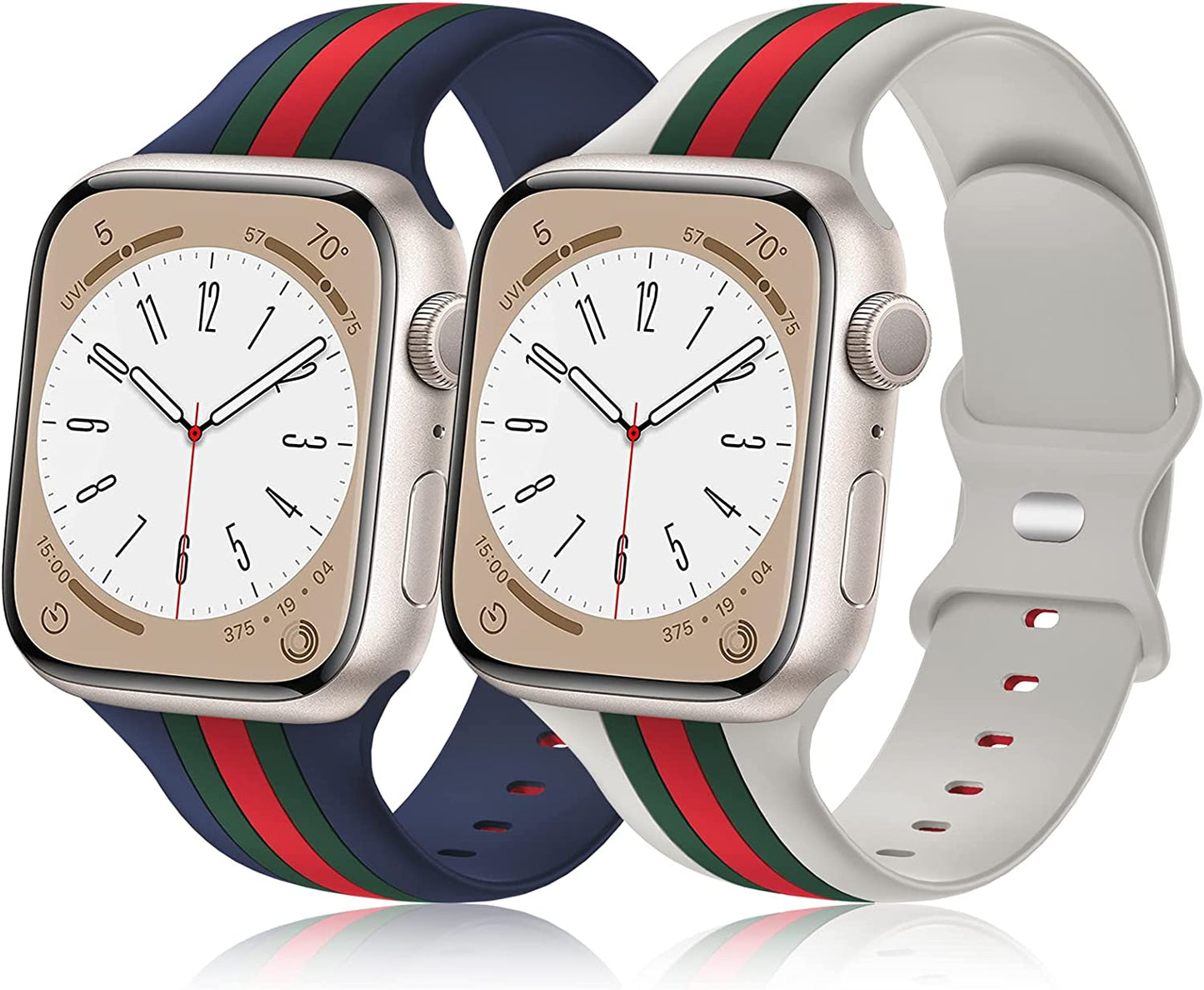 [2 Pack] Designer Bands Compatible with Apple Watch Band 38Mm 40Mm 41Mm 42Mm 44Mm 45Mm 49Mm Men Women, Soft Silicone Sport Band Replacement Strap for Apple Watch Ultra Iwatch Series 8 7 SE 6 5 4 3 2 1  Seizehe Rock Grey/Army Green/Red -Dark Blue/Army Green/Red 38mm/40mm/41mm 
