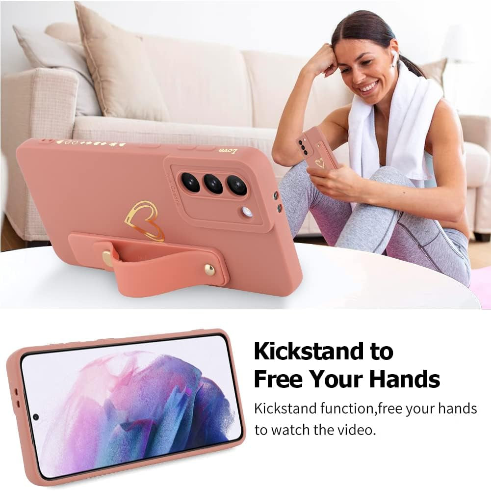 Fiyart Designed for Samsung Galaxy S21 plus Case with Phone Stand Holder Cute Love Hearts Protective Camera Protection Cover with Wrist Strap for Women Girls for Galaxy S21 plus 6.7"-Pink  Fiyart   