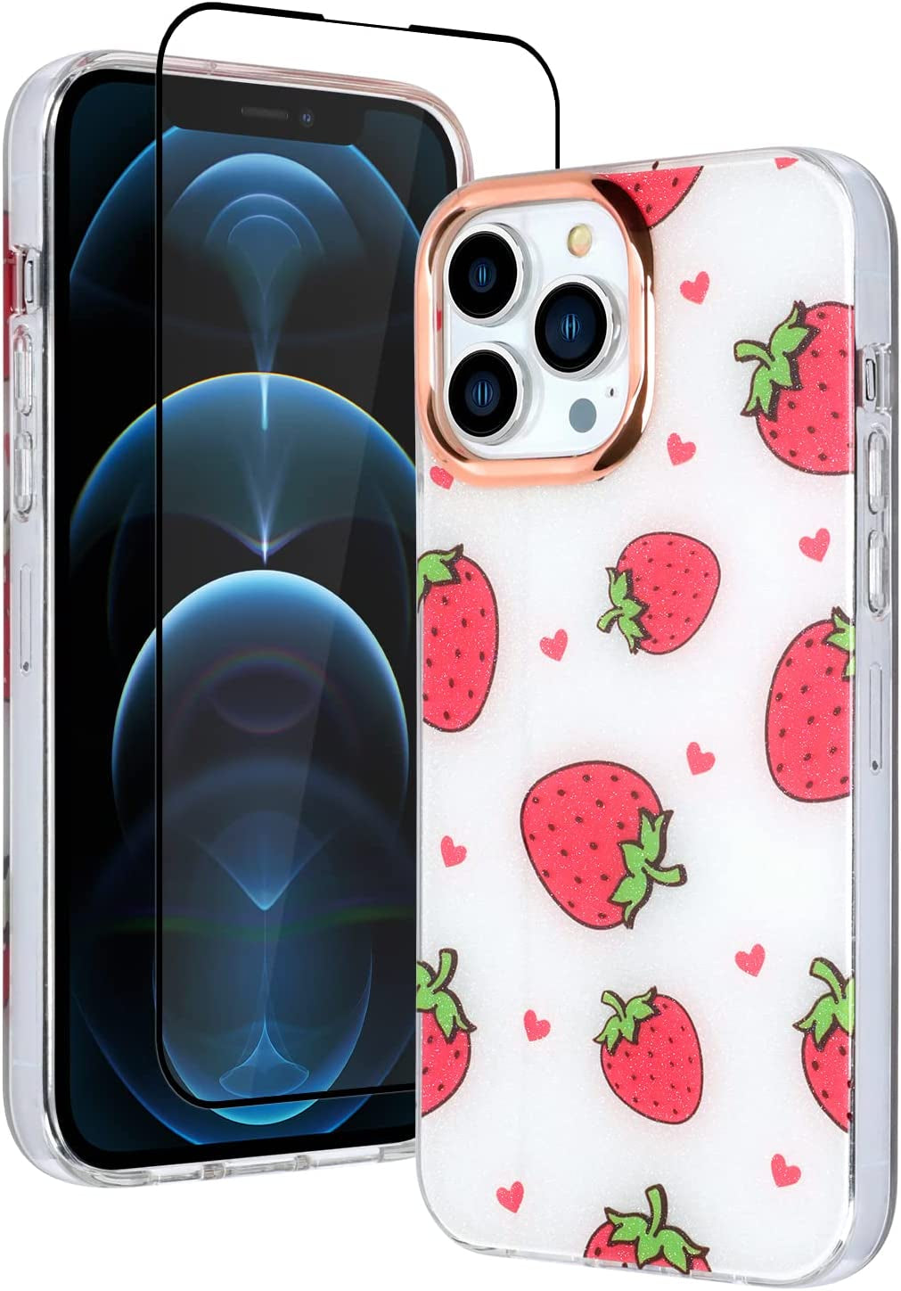 Fiyart Magnetic Case for Iphone 12 Pro Max Compatible with Magsafe Wireless Charging,Cute Love Heart Phone Case with Camera Screen Protector for Women Girls Men for Iphone 12 Pro Max 6.7"- White  Fiyart Strawberries  