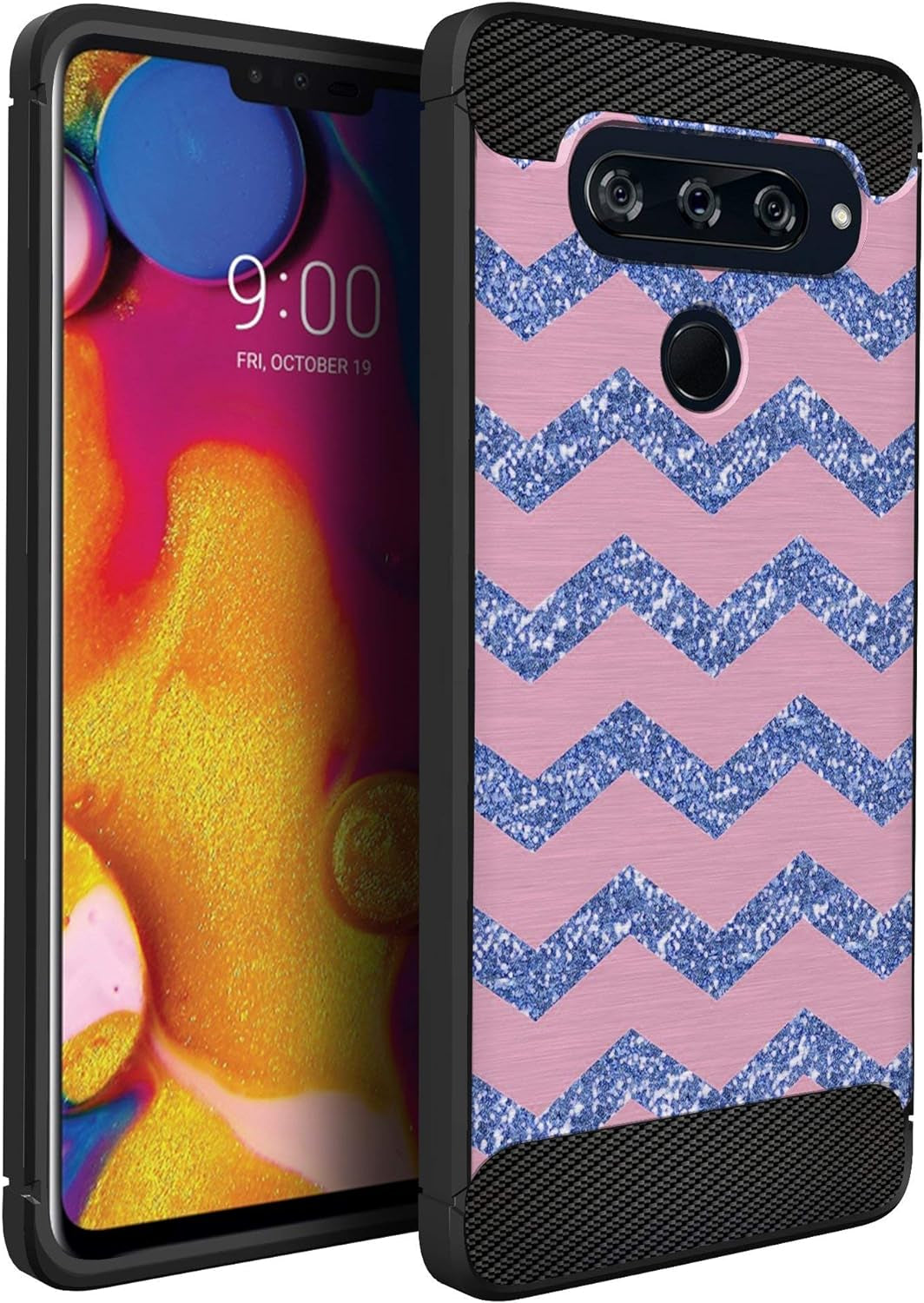 Casesondeck Fitted Case Compatible with [LG V40 Thinq] Carbon Fiber Accents Bump and Drop Protecting Flexible TPU (Blue Digital Camo)  CasesonDeck Blue Chevron  