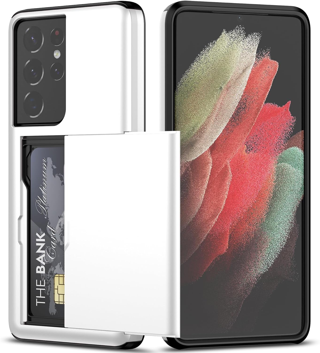 Nvollnoe for Samsung S21 Ultra Case with Card Holder Dual Layer Heavy Duty Protective Galaxy S21 Ultra Case Hidden Card Slot Slim Wallet Case for Samsung S21 Ultra(Rose Gold)  Nvollnoe White For Galaxy S21 Ultra-6.8'' 