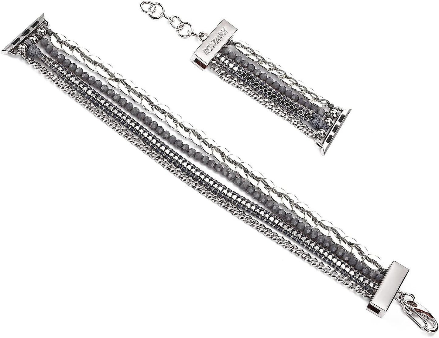 BOKIIWAY Boho Watch Bracelet Compatible with Apple Watch Series 8/7/6/5/4/3/2/1/SE – Bohemian Watch Band for Women – Handmade Braided Leather Watch Strap with Crystal Beads – Greyscale Modern Watch Strap  BOKIIWAY   