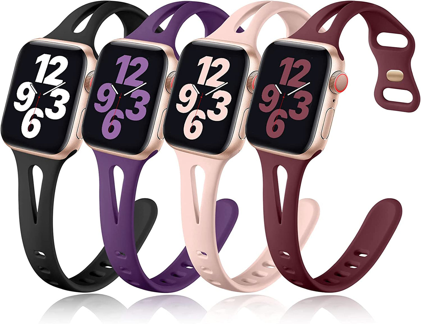 Getino Compatible with Apple Watch Band 40Mm 38Mm 41Mm Iwatch Series 8 7 6 5 4 3 2 1 SE for Women Men, Stylish Durable Silicone Slim Sport Watch Bands, 4 Pack, Cyan/Lake Blue/Starlight/Grayish Purple  Getino Black/Purple/Pink Sand/Wine Red 42mm/44mm/45mm/49mm 